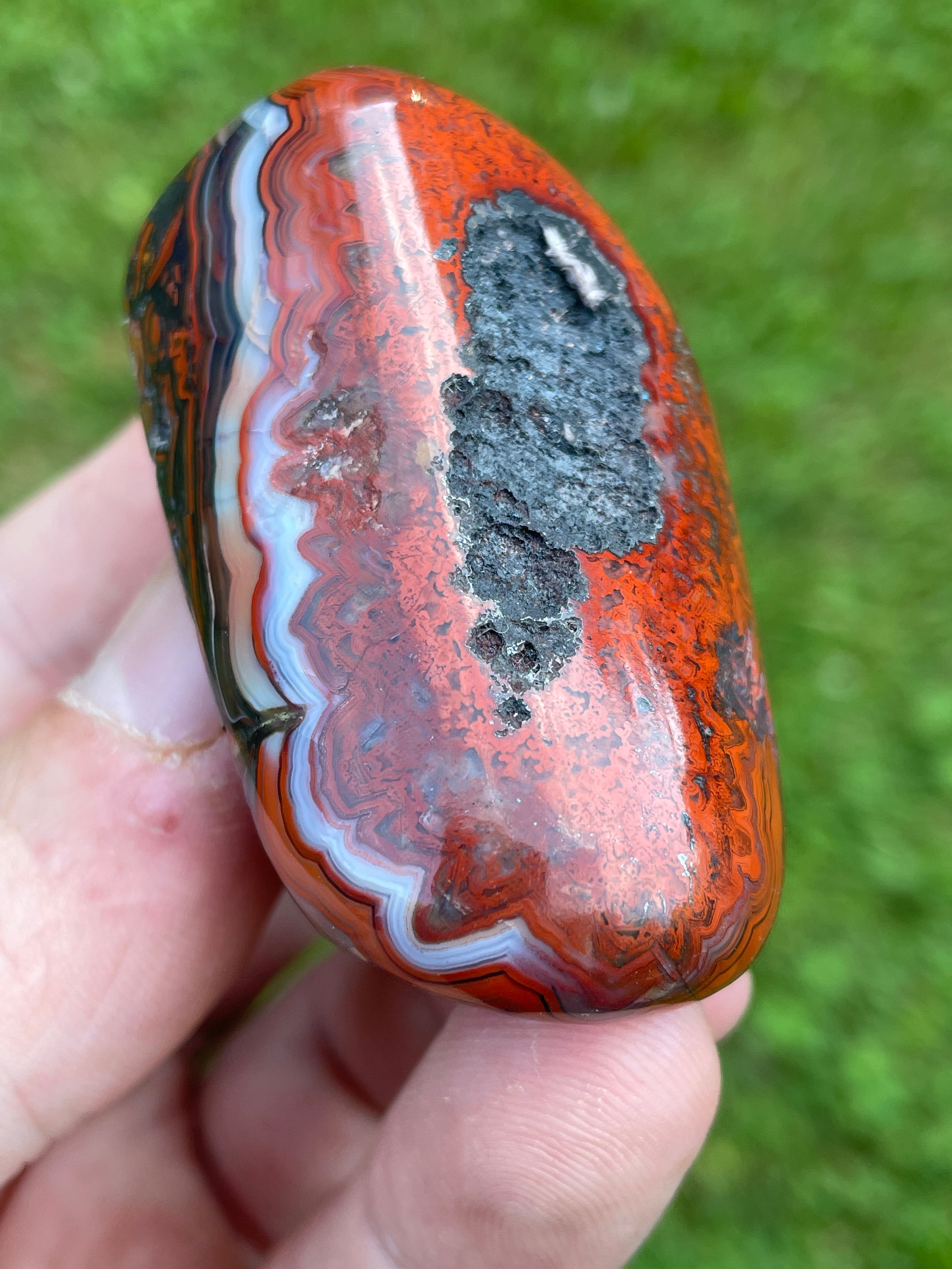 StoneBorn Creations Hand-Polished Lace Agate Freeform with Intricate Fortification Banding, Bold Red Plumes & Natural Druzy Matrix