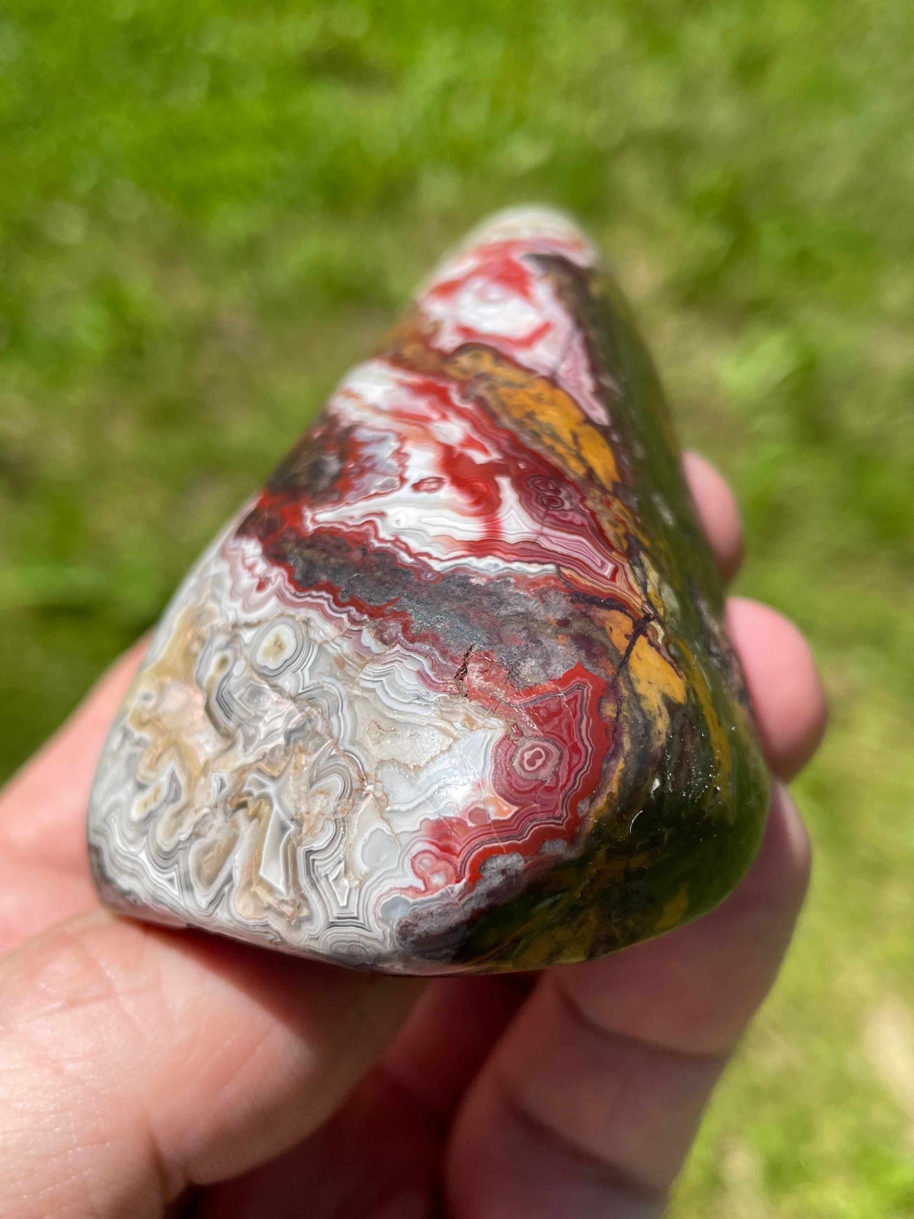 StoneBorn Creations Hand-Polished Lace Agate Freeform with Deep Crimson Banding, Intricate Fortification Patterns, and Natural Druzy Pocket