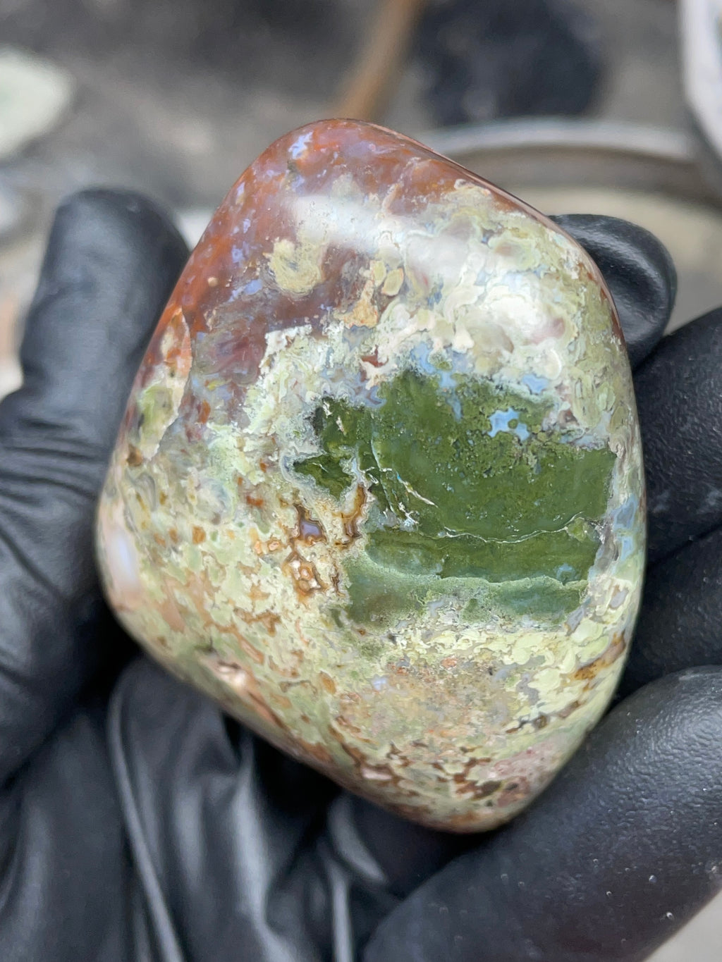 StoneBorn Creations Hand-Polished Multicolor Lace Agate with Natural Green and Rust Patterns – One-of-a-Kind Display Stone