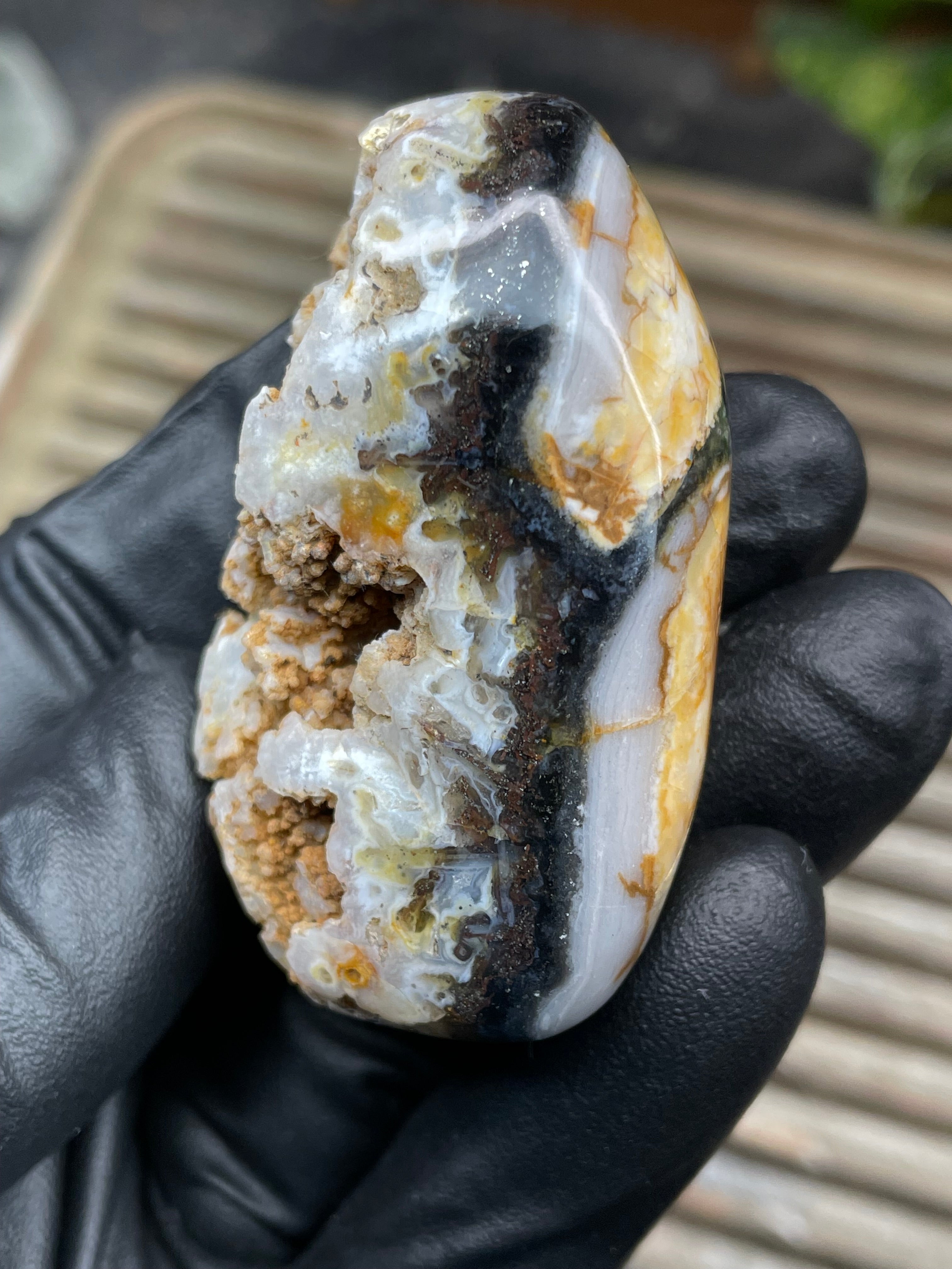 StoneBorn Creations Hand-Polished Crystal Pocket Agate Freeform | Raw Druzy Crown | Natural Chalcedony & Earth Tones