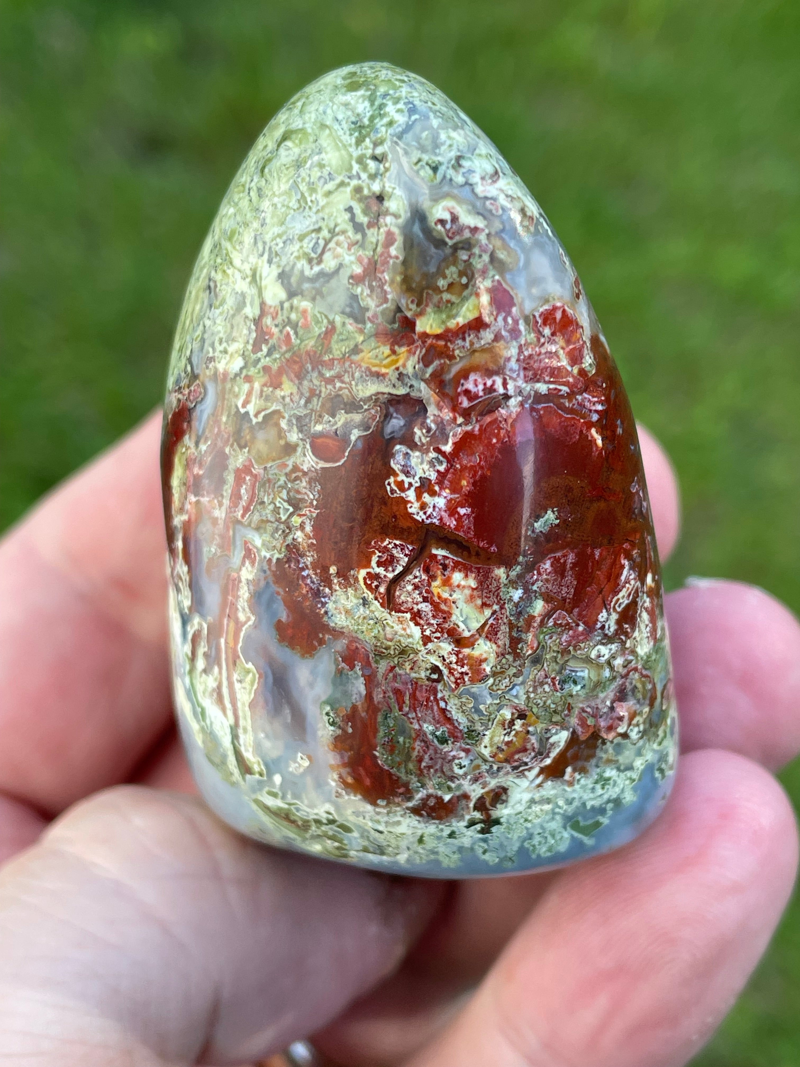StoneBorn Creations Hand-Polished Agate Freeform with Blue Chalcedony, Deep Red Jasper Inclusions and Green Mossy Matrix