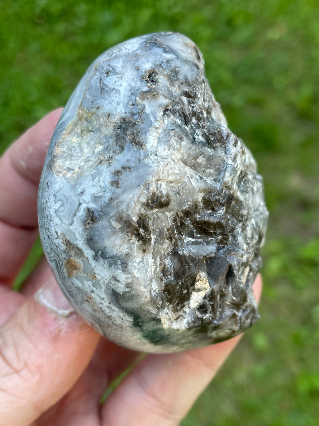 StoneBorn Creations Hand-Polished Lace Agate Freeform with Intricate Fortification Banding, Orbicular Eyes, Natural Matrix & Curved Display Face