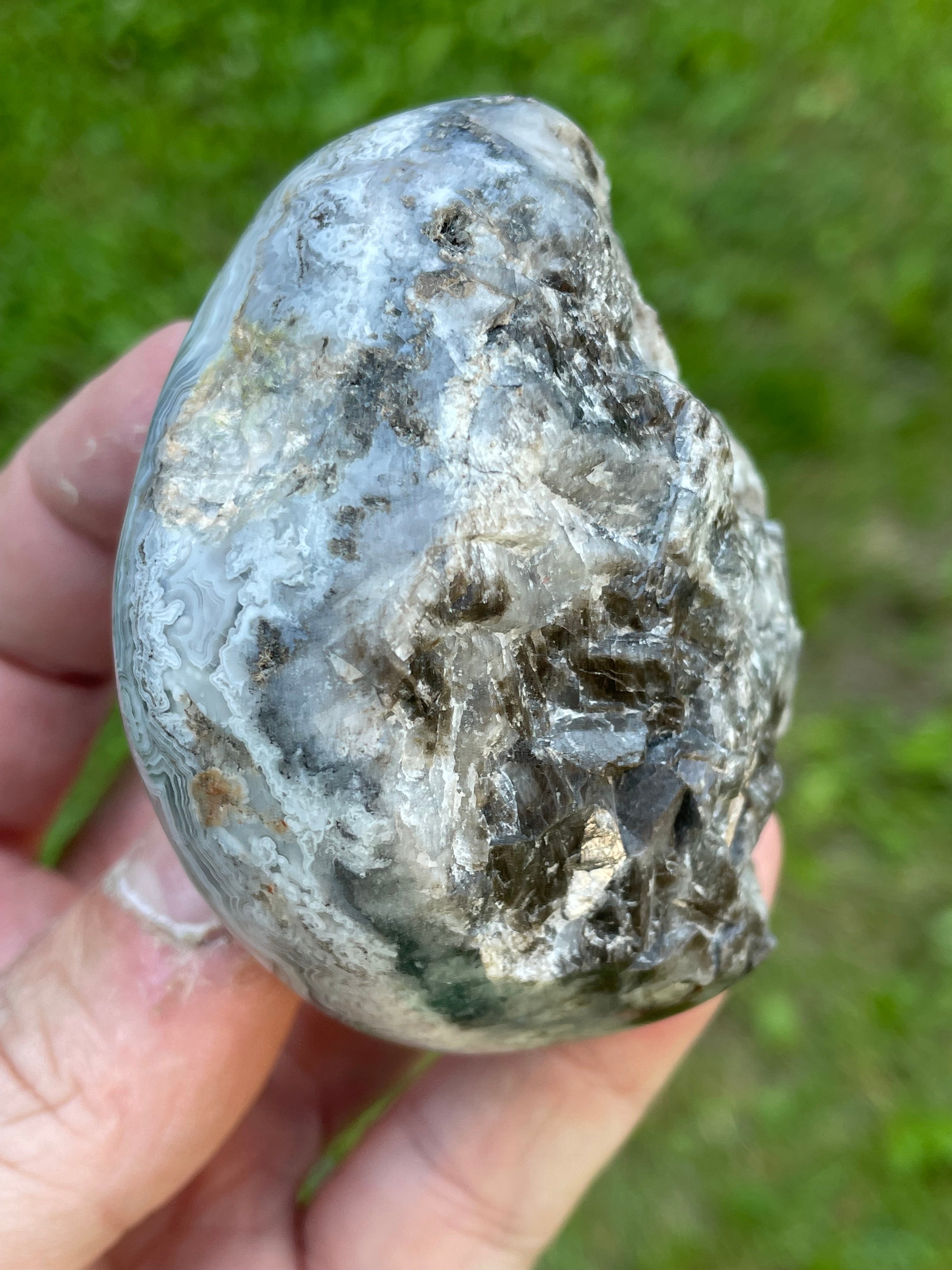 StoneBorn Creations Hand-Polished Lace Agate Freeform with Intricate Fortification Banding, Orbicular Eyes, Natural Matrix & Curved Display Face