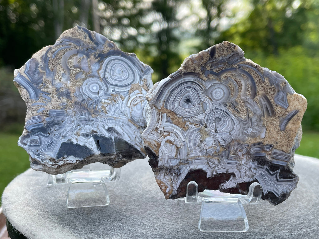 StoneBorn Creations Hand-Polished Tuxedo Lace Agate Bookmatched Pair | One-of-a-Kind Natural Display Stones