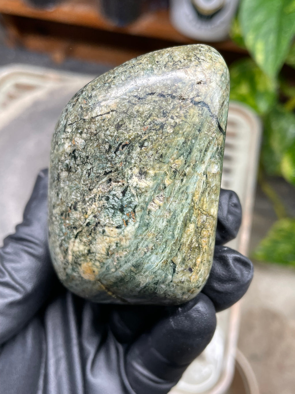 StoneBorn Creations Hand-Polished Vermont River Stone Freeform | Natural Green Mineral Texture Display Stone