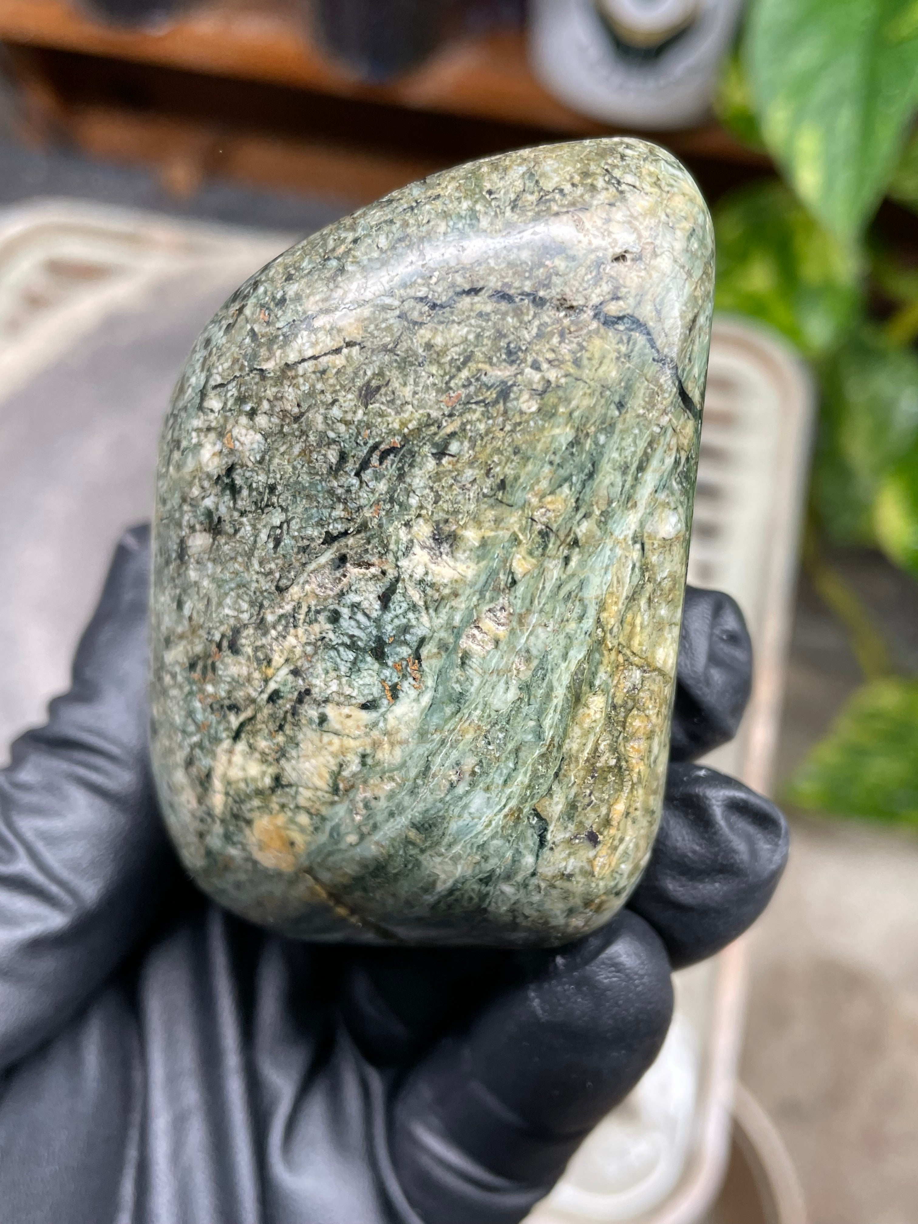 StoneBorn Creations Hand-Polished Vermont River Stone Freeform | Natural Green Mineral Texture Display Stone