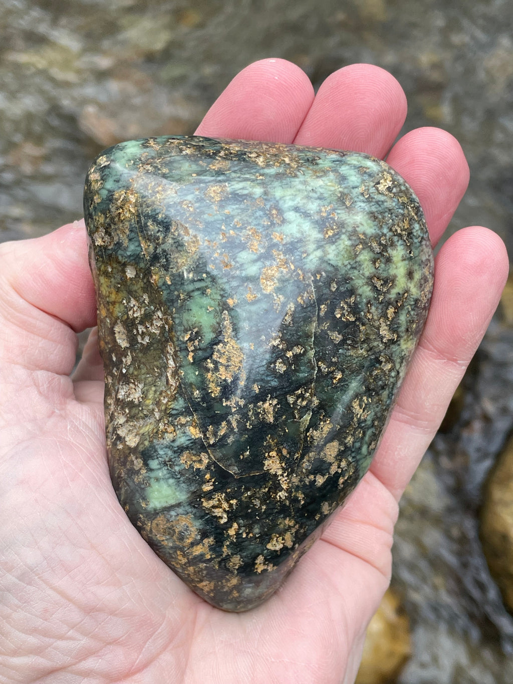 StoneBorn Creations Hand-Polished Vermont Serpentine with Golden Flecking Deep Forest Greens Full 360 Finish