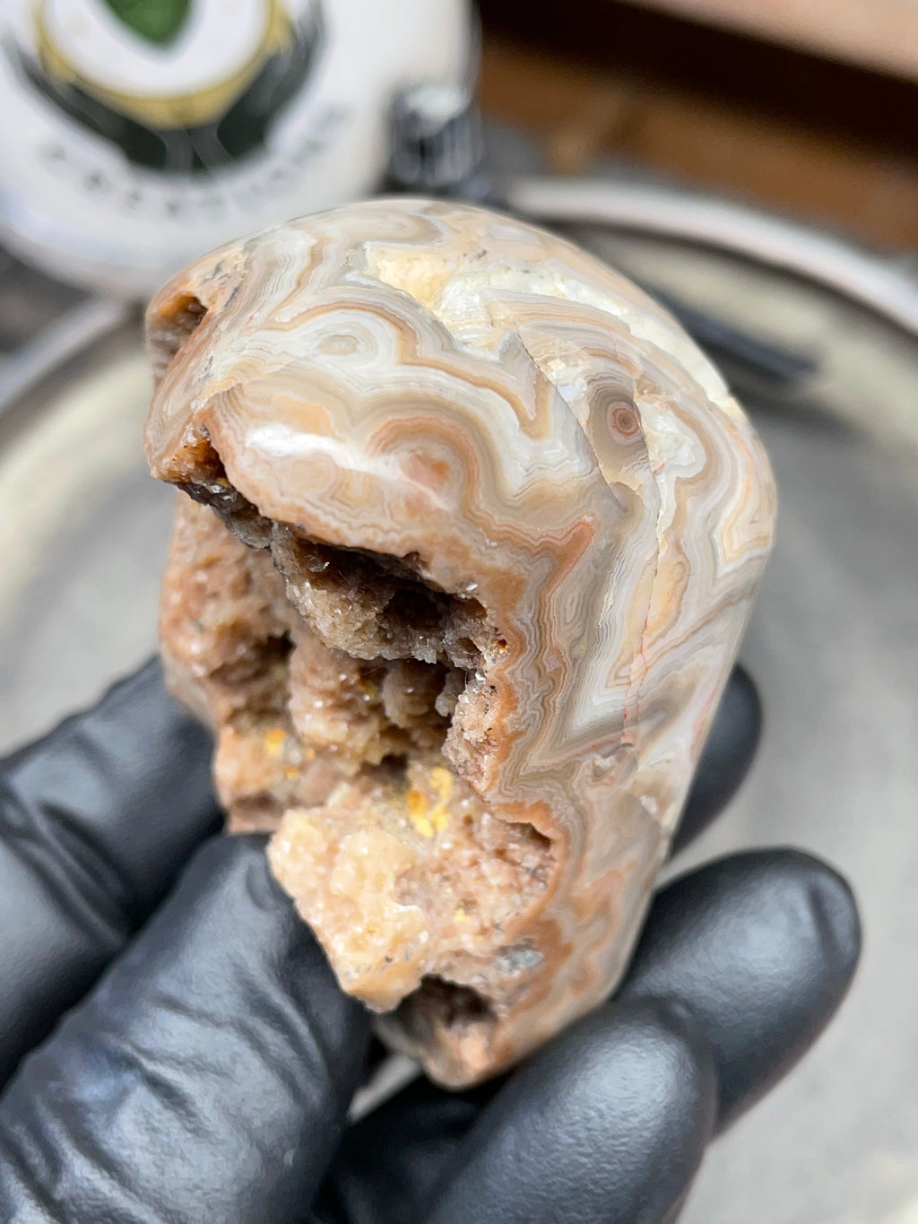 StoneBorn Creations – Hand Polished Georgia Lace Agate with Natural Druzy Crystal Pocket | One-of-a-Kind Display Stone