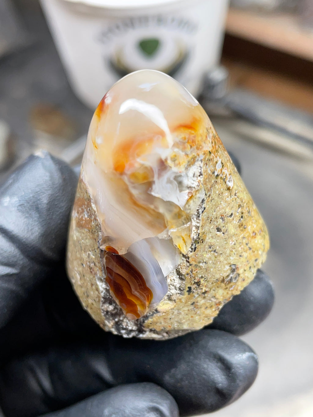 StoneBorn Creations Hand-Shaped Fire Agate with Natural Banding and Raw Matrix Base