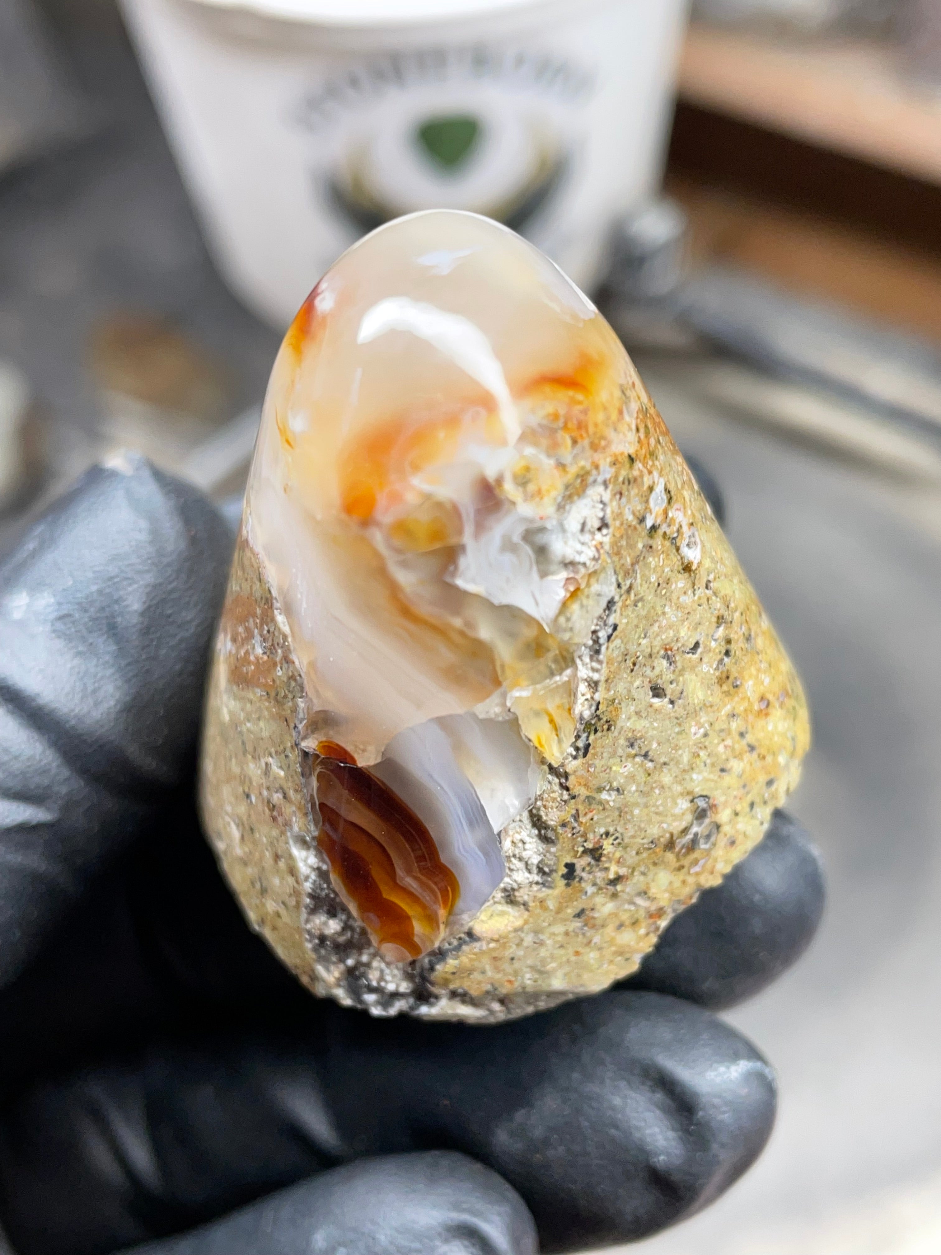 StoneBorn Creations Hand-Shaped Fire Agate with Natural Banding and Raw Matrix Base