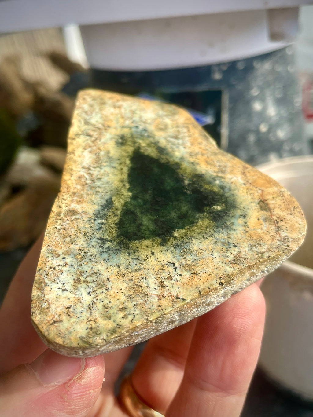 Polished Serpentine Stone • Natural Deep-Green Triangle Core