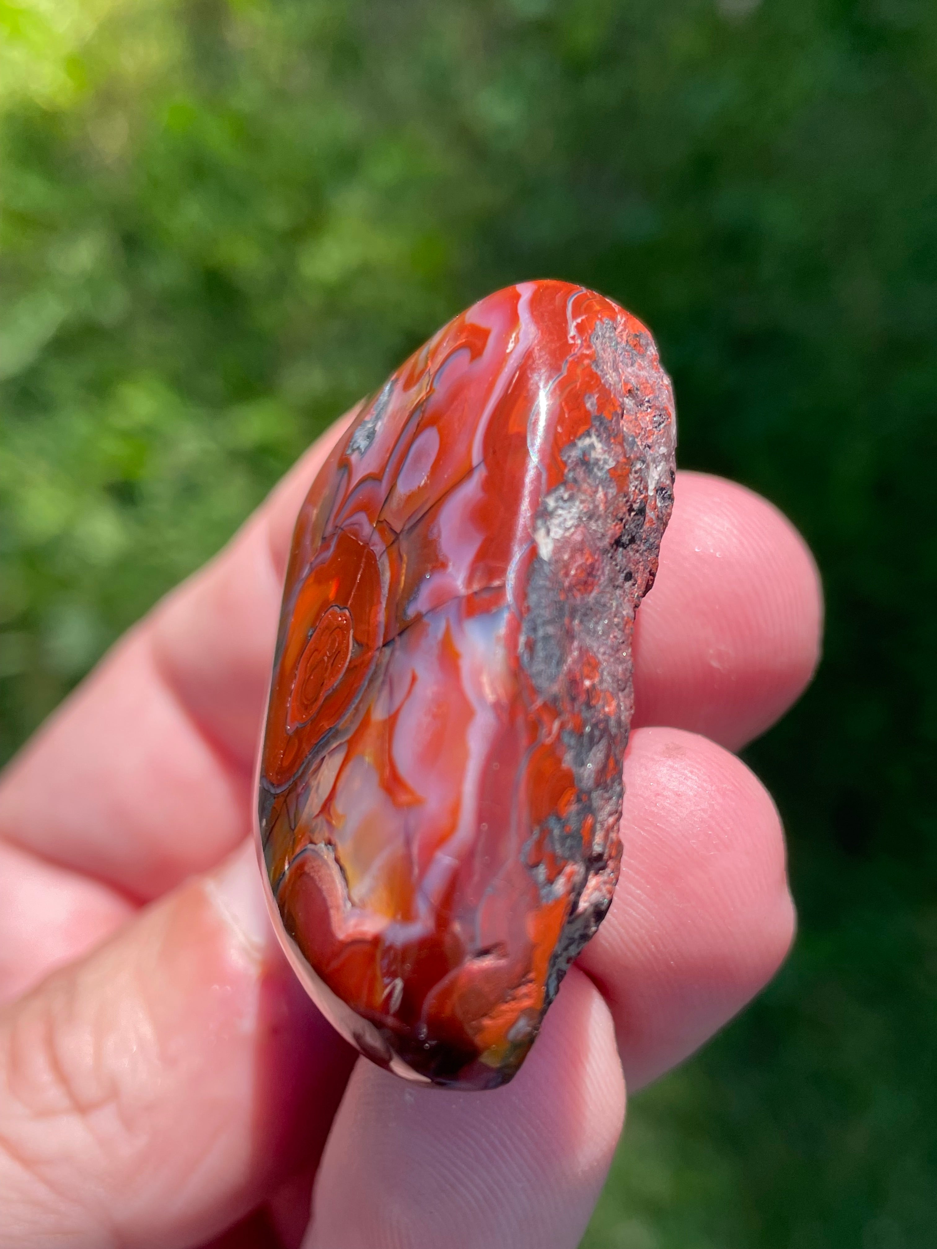 StoneBorn Creations Hand-Polished Lace Agate Freeform with Bold Red Plumes, Fortification Banding & Natural Matrix