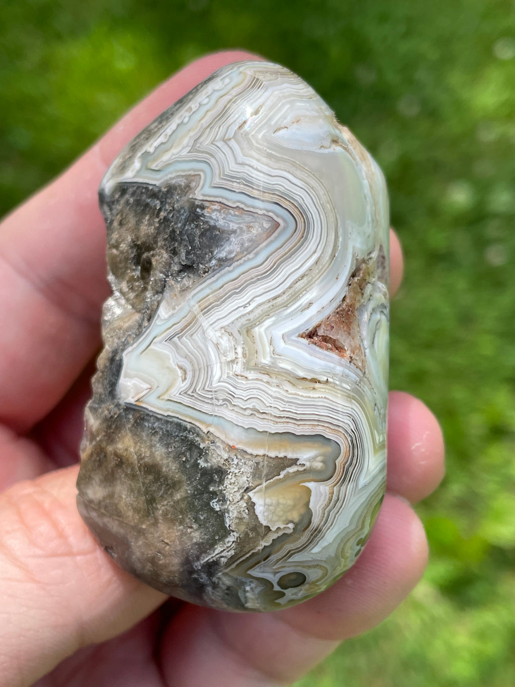 StoneBorn Creations Hand-Polished Lace Agate Freeform with Intricate Fortification Banding, Orbicular Eyes & Preserved Natural Matrix