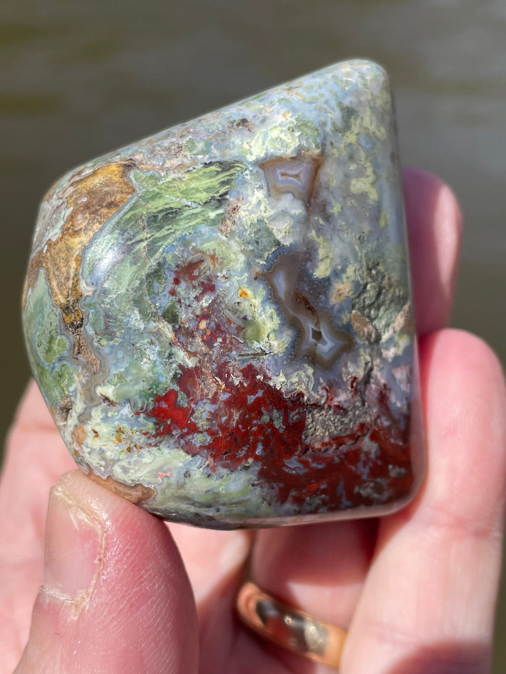 StoneBorn Creations Hand-Polished Lace Agate with Crimson Plumes, Moss Green Inclusions & Natural Freeform Finish