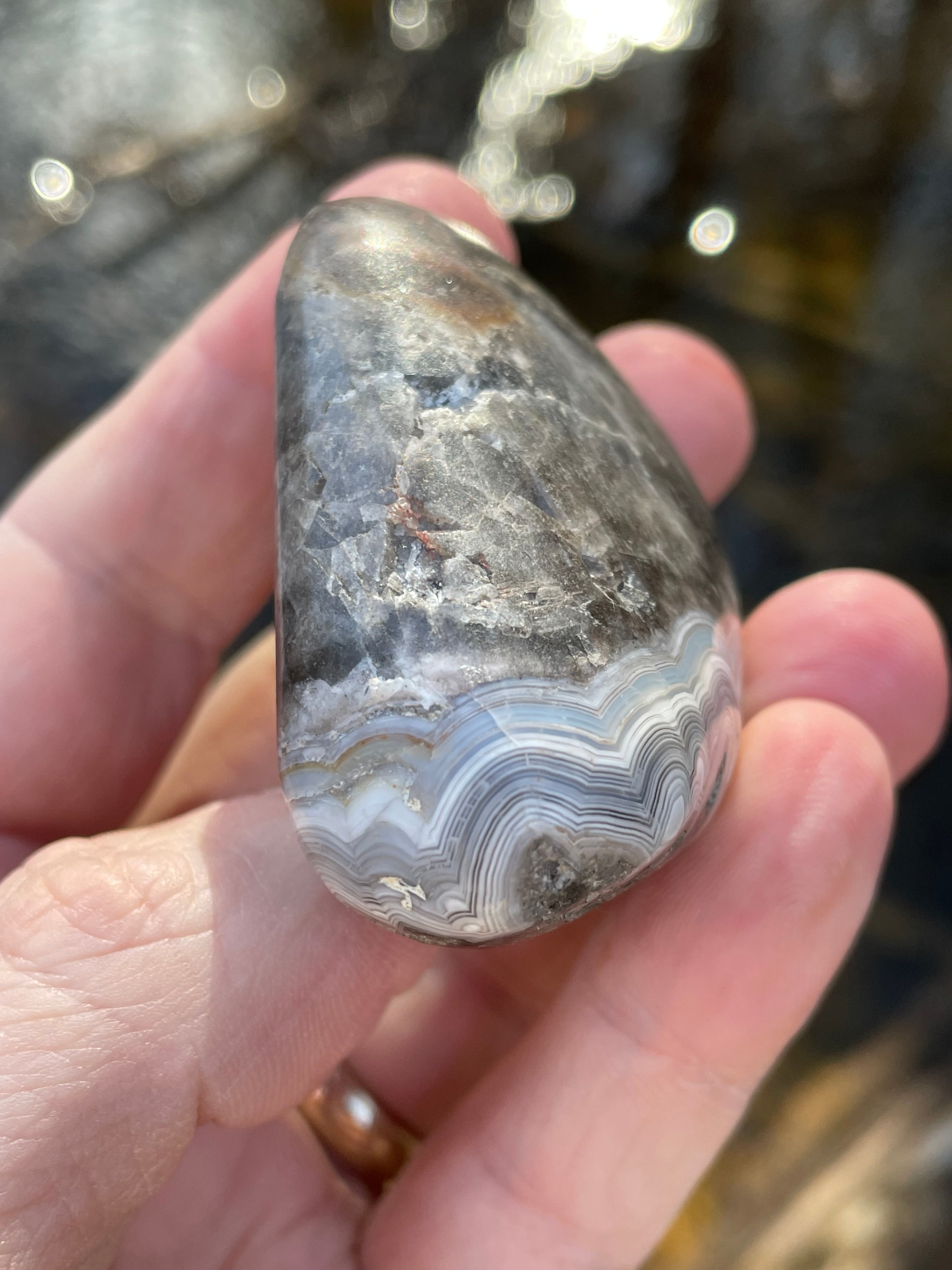 StoneBorn Creations Hand-Polished Banded Agate with Soft Grey Lace Layers Natural Quartz Matrix Freeform Finish