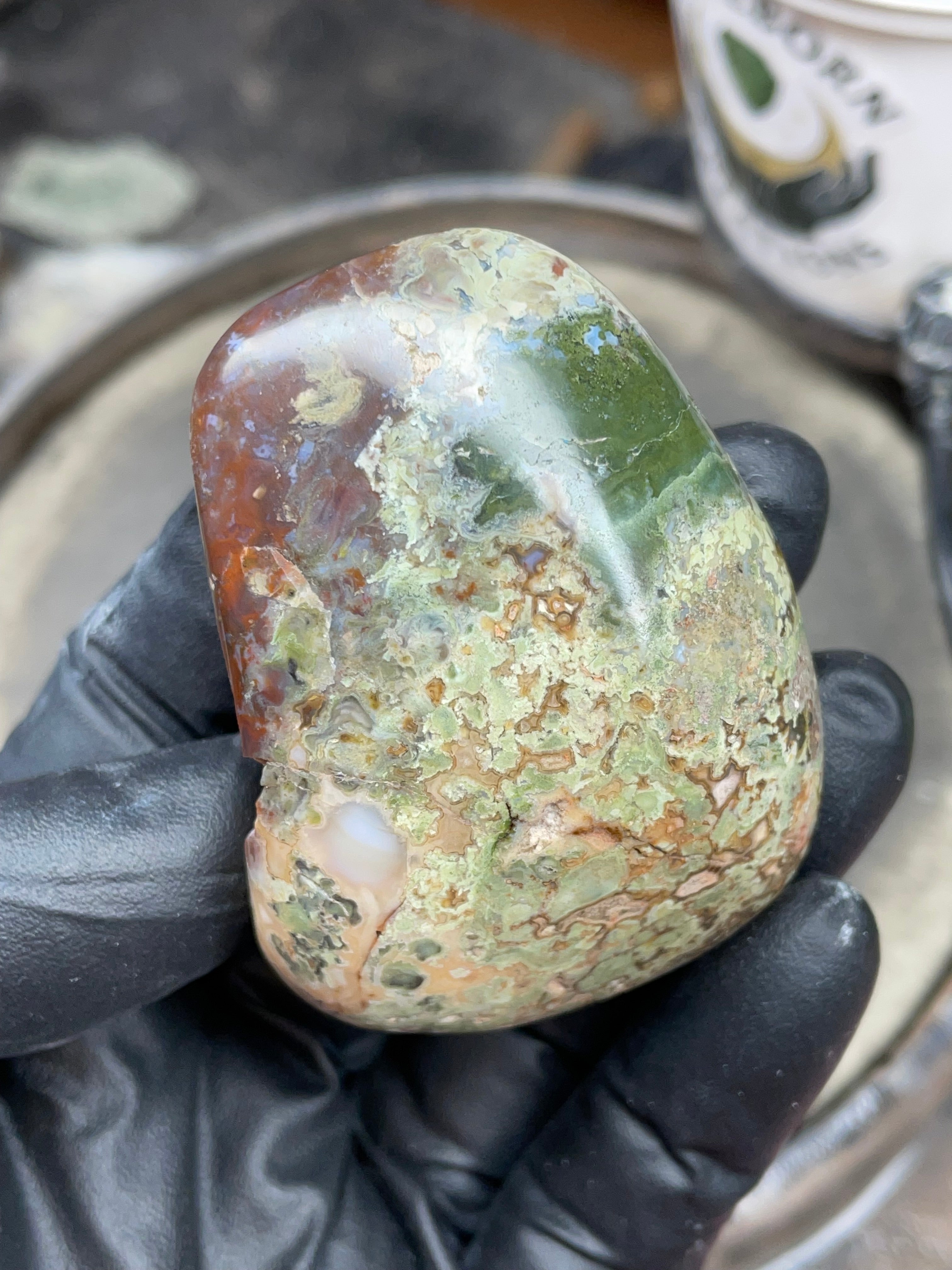 StoneBorn Creations Hand-Polished Multicolor Lace Agate with Natural Green and Rust Patterns – One-of-a-Kind Display Stone