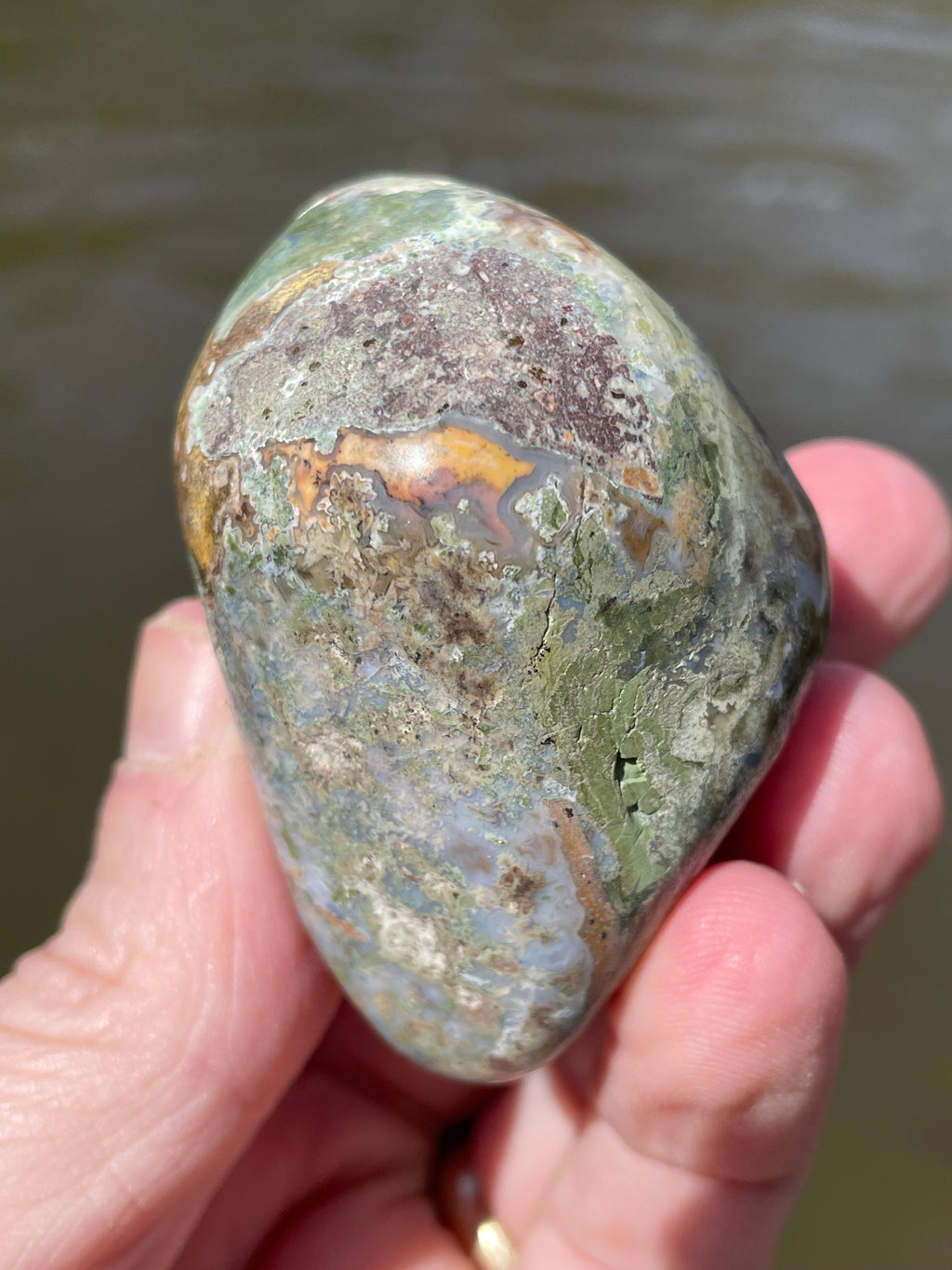 StoneBorn Creations Hand-Polished Lace Agate with Crimson Plumes, Moss Green Inclusions & Natural Freeform Finish