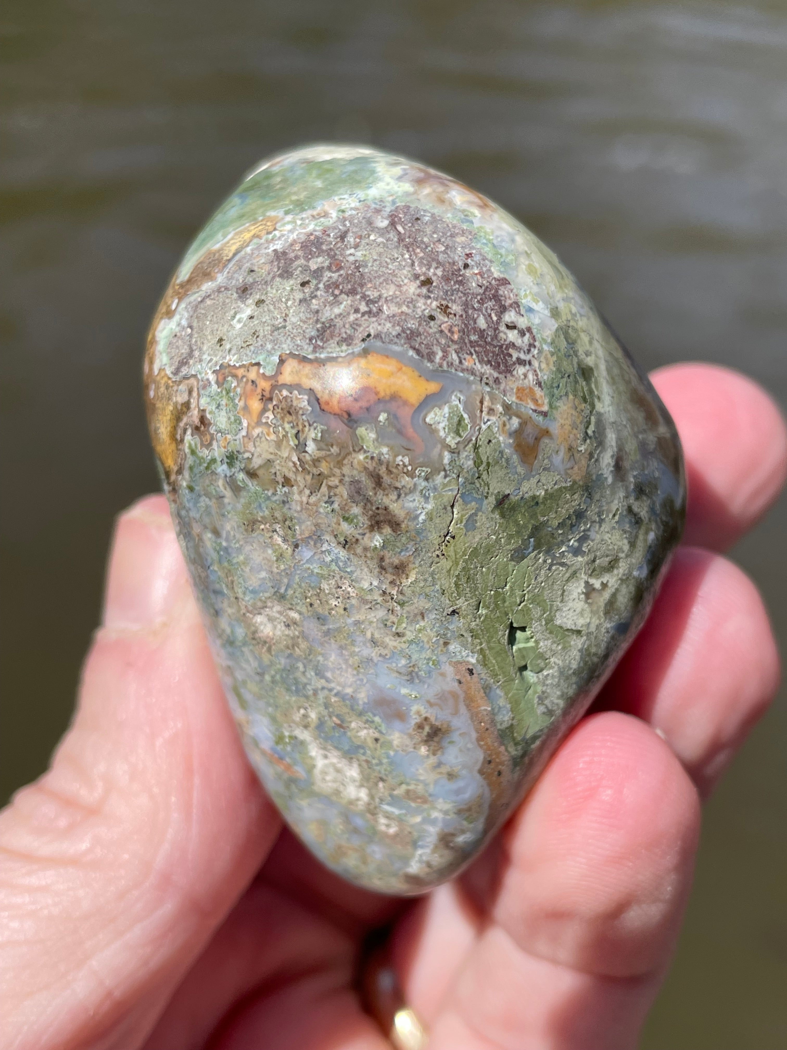 StoneBorn Creations Hand-Polished Lace Agate with Crimson Plumes, Moss Green Inclusions & Natural Freeform Finish