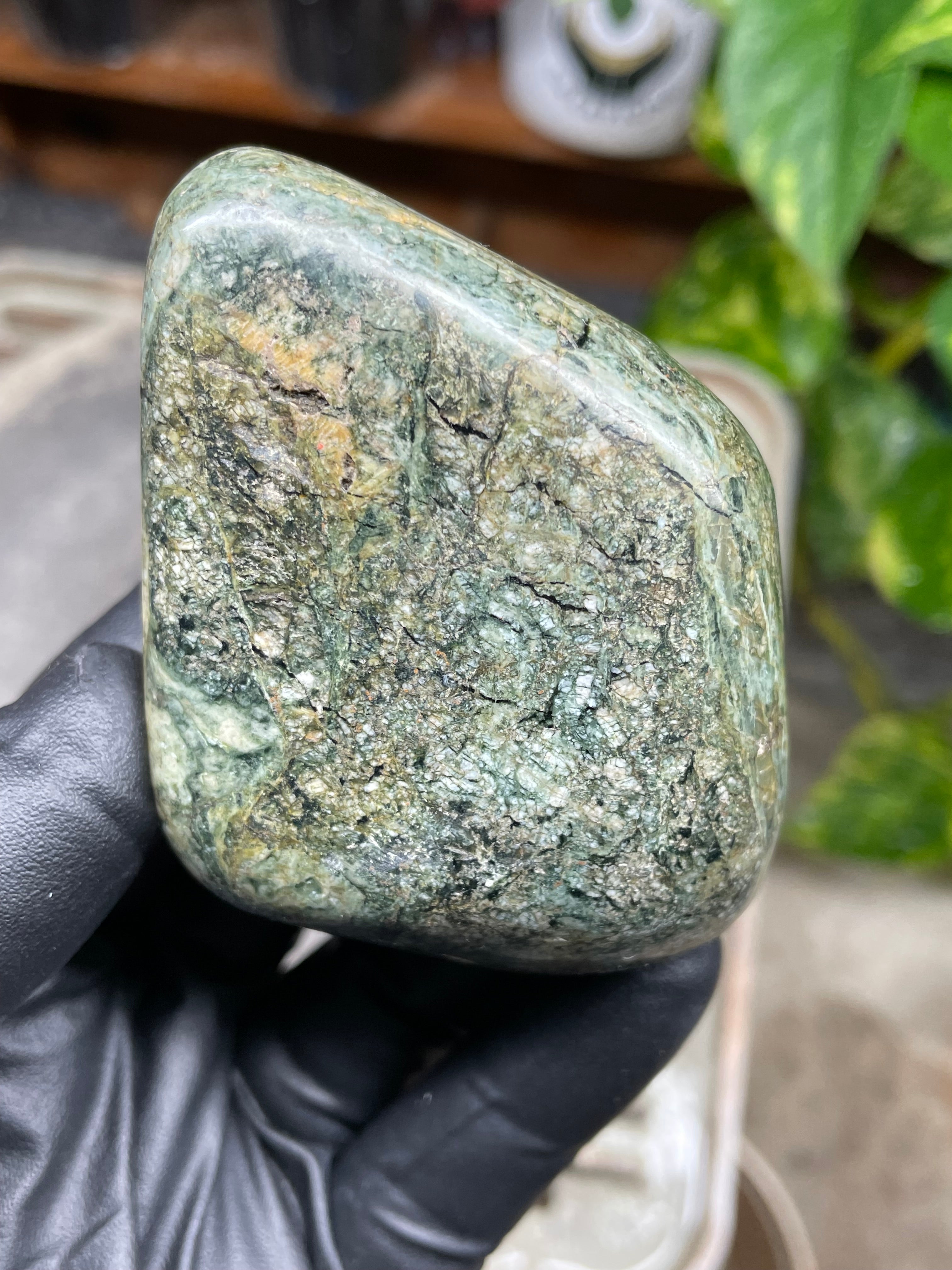 StoneBorn Creations Hand-Polished Vermont River Stone Freeform | Natural Green Mineral Texture Display Stone