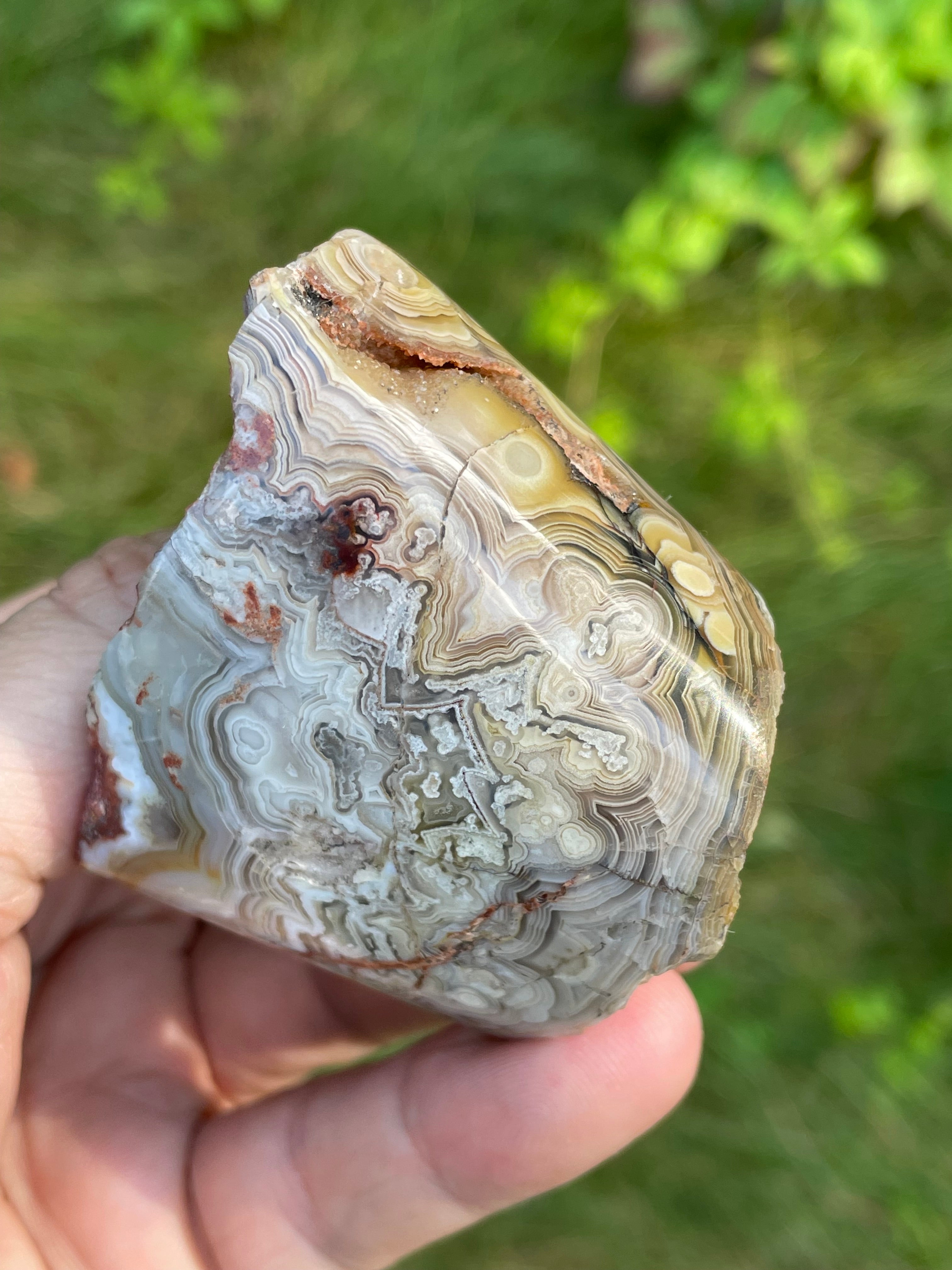 StoneBorn Creations Hand-Polished Lace Agate Freeform with Intricate Fortification Banding, Orbicular Eyes & Natural Druzy Quartz Pocket