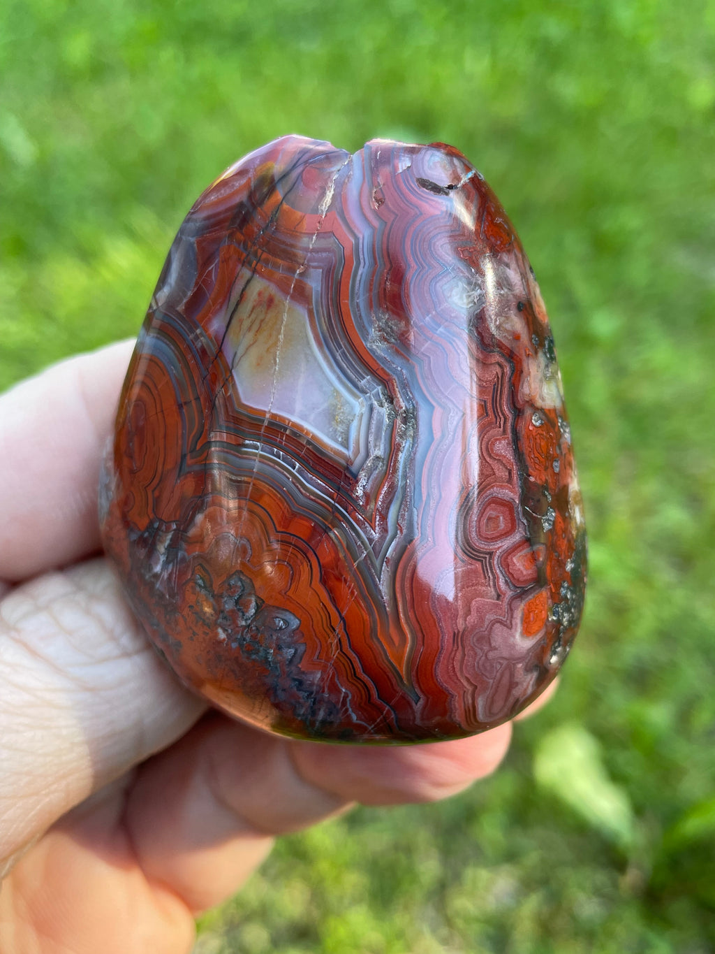 StoneBorn Creations Hand-Polished Lace Agate Freeform with Curved Polished Face, Fortification Banding, and Natural Raw Backing