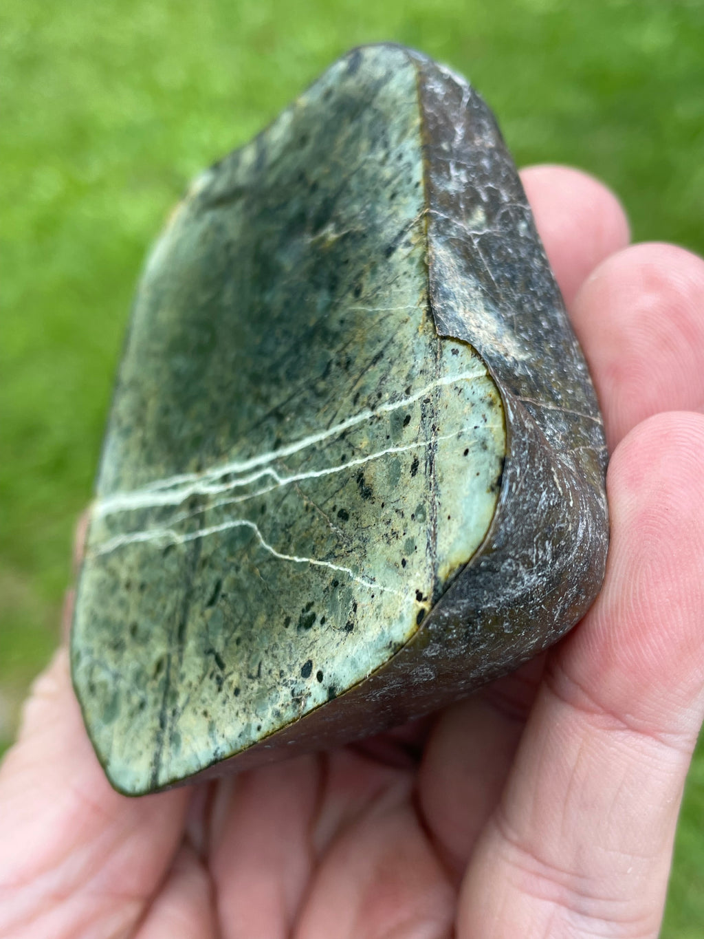 StoneBorn Creations – Natural Greenstone with White Mineral Veining | Hand-Polished River Stone