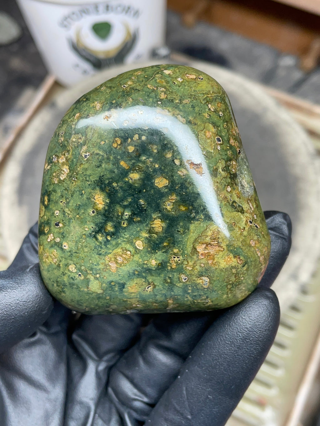 StoneBorn Creations – Hand-Polished Vermont Serpentine | Natural Green Stone with Golden Inclusions | One-of-a-Kind Display Piece
