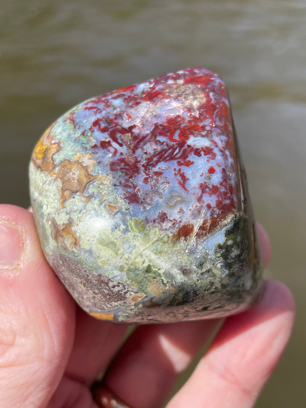 StoneBorn Creations Hand-Polished Lace Agate with Crimson Plumes, Moss Green Inclusions & Natural Freeform Finish