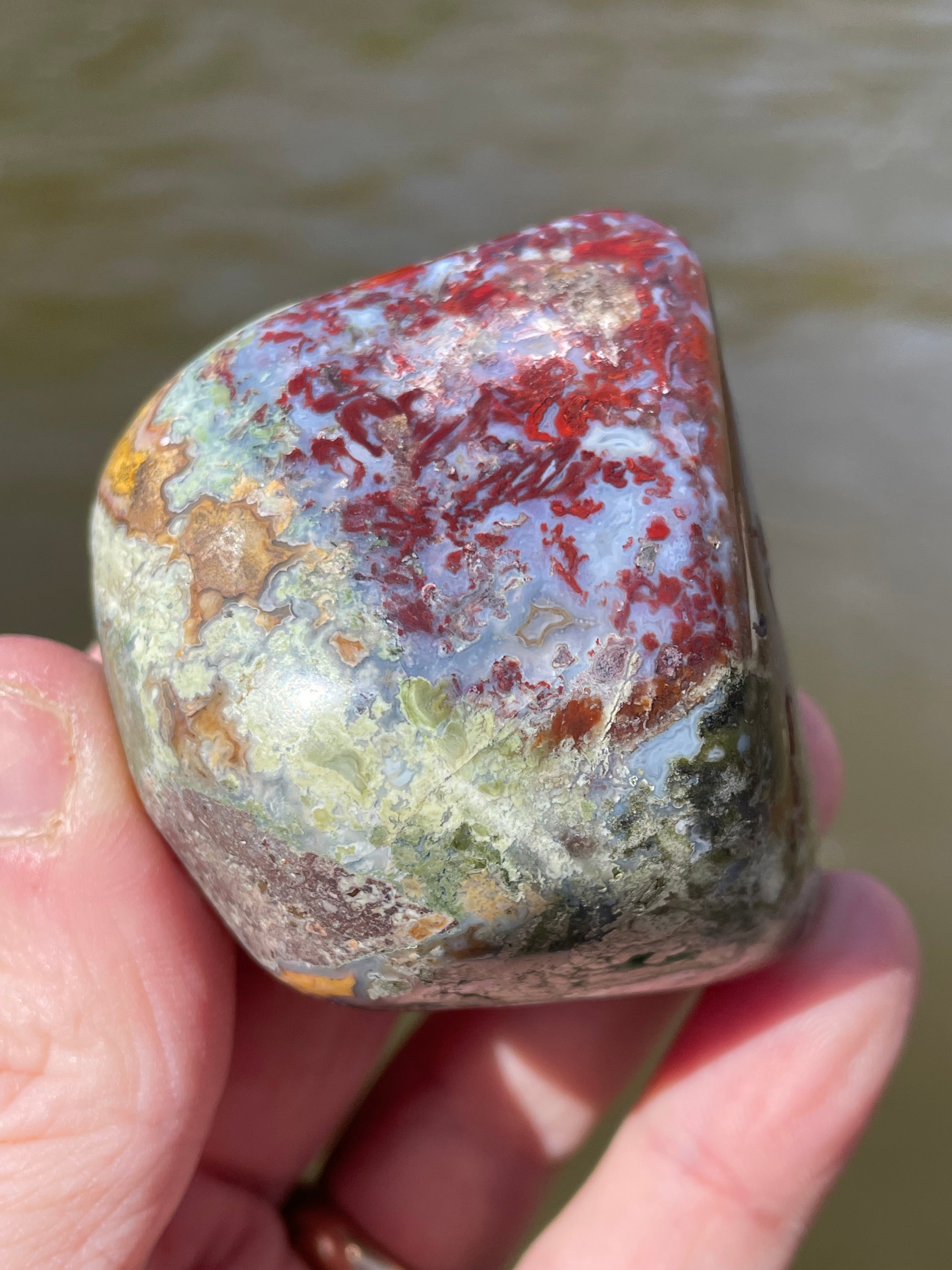 StoneBorn Creations Hand-Polished Lace Agate with Crimson Plumes, Moss Green Inclusions & Natural Freeform Finish