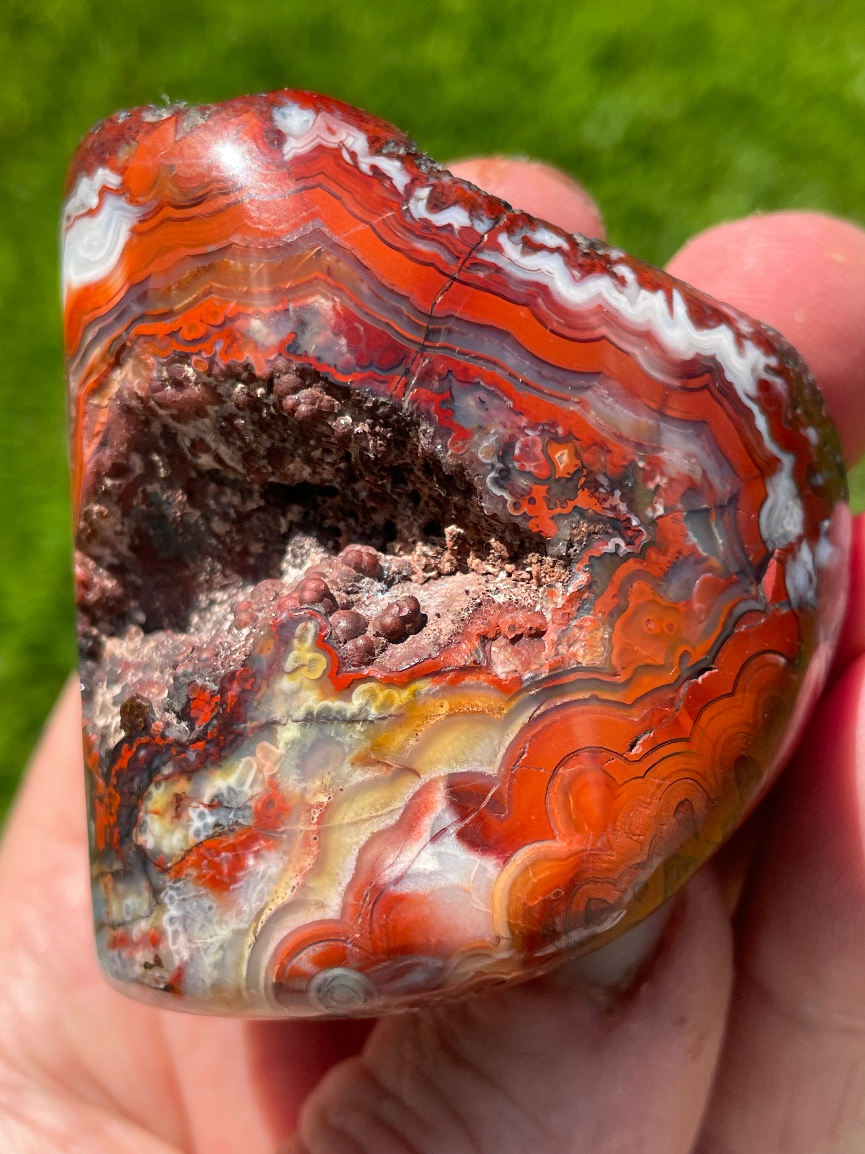 StoneBorn Creations Hand-Polished Lace Agate Freeform with Crimson Fortification Banding, Natural Druzy Pocket, and Preserved Volcanic Matrix