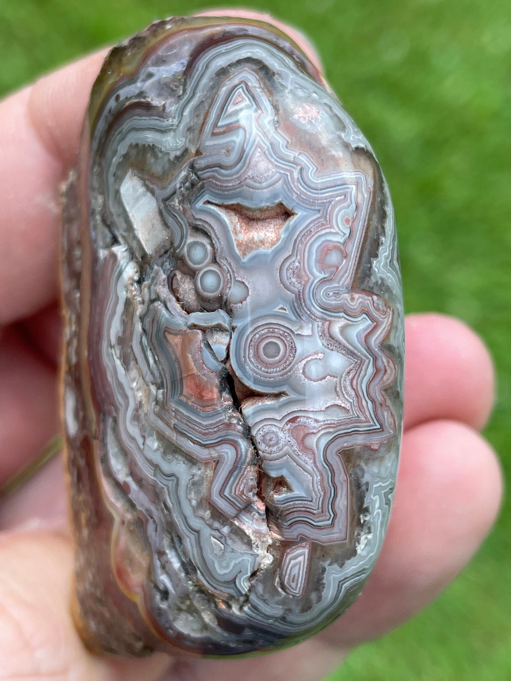 StoneBorn Creations Hand-Polished Custom Shaped Lace Agate Freeform with Natural Druzy Quartz, Orbicular Eyes & Fortification Banding