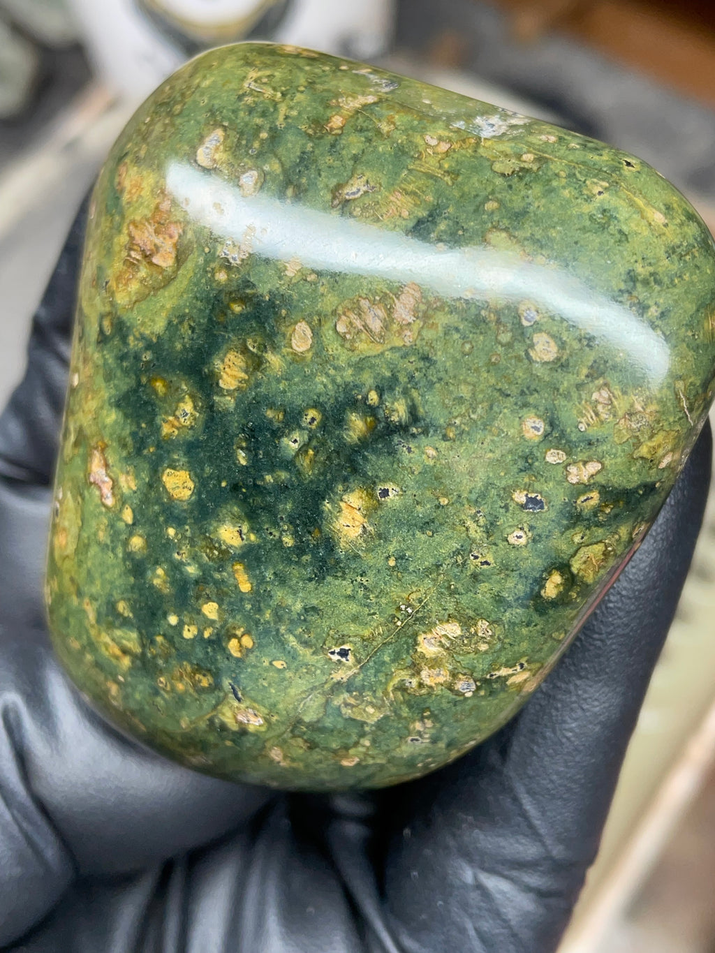 StoneBorn Creations – Hand-Polished Vermont Serpentine | Natural Green Stone with Golden Inclusions | One-of-a-Kind Display Piece