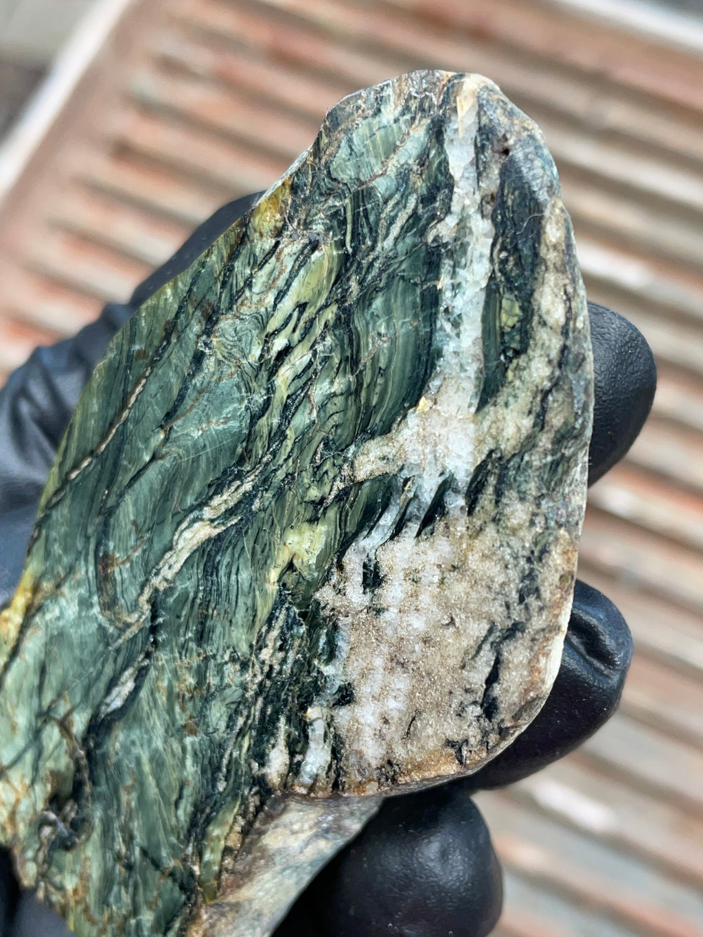 StoneBorn Creations | Polished Vermont Greenstone Slab — Flowing Forest Bands + Quartz Seam