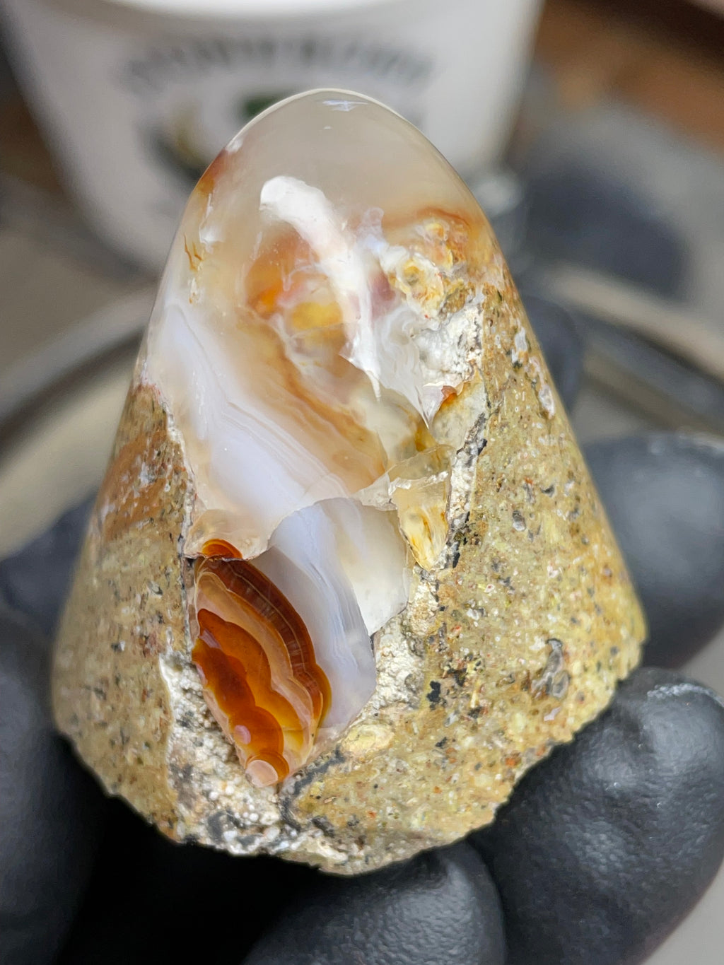 StoneBorn Creations Hand-Shaped Fire Agate with Natural Banding and Raw Matrix Base