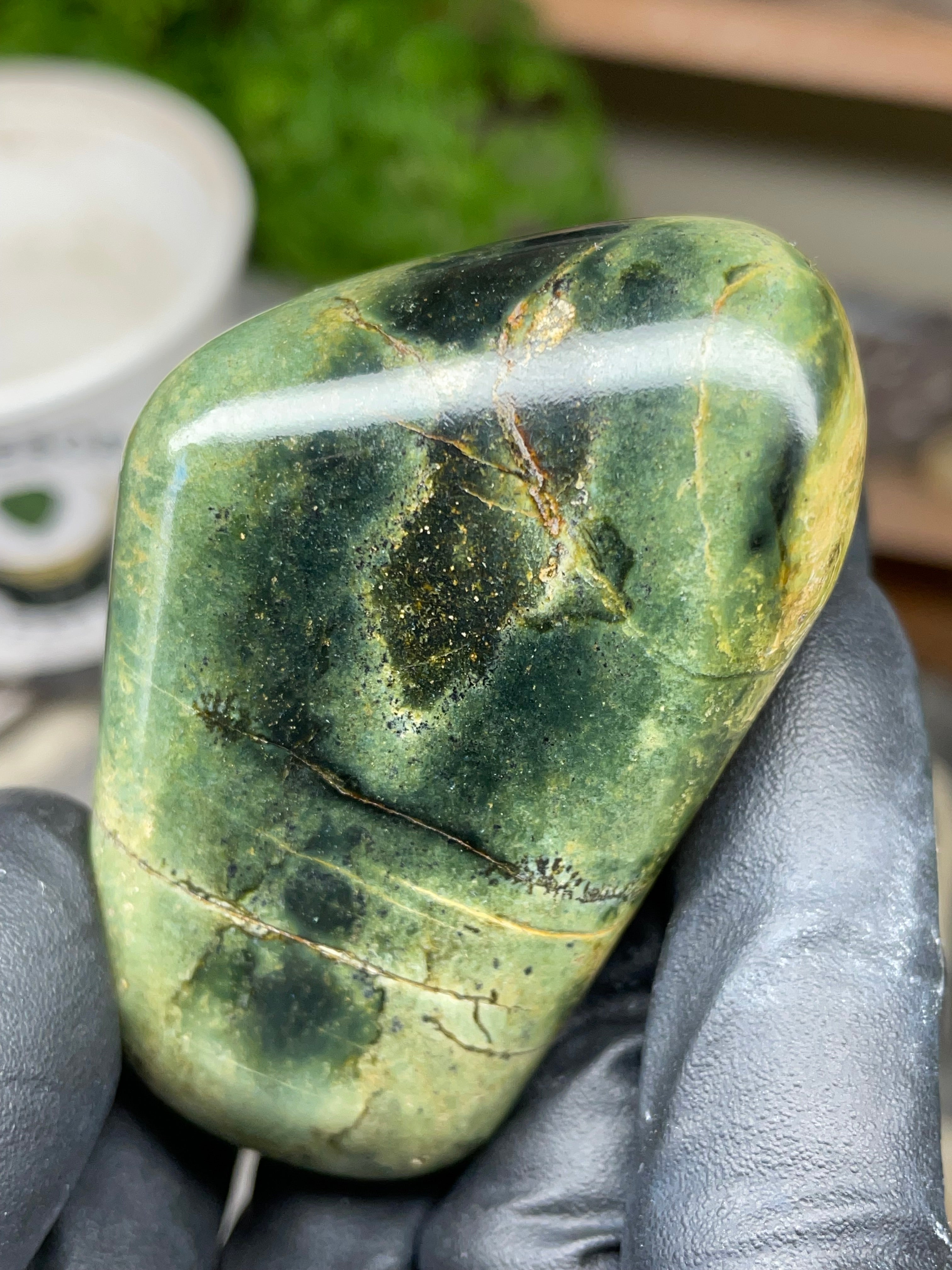 StoneBorn Creations Hand Polished Vermont Serpentine with Deep Forest Greens and Natural Gold Flecking – One of a Kind Display Stone