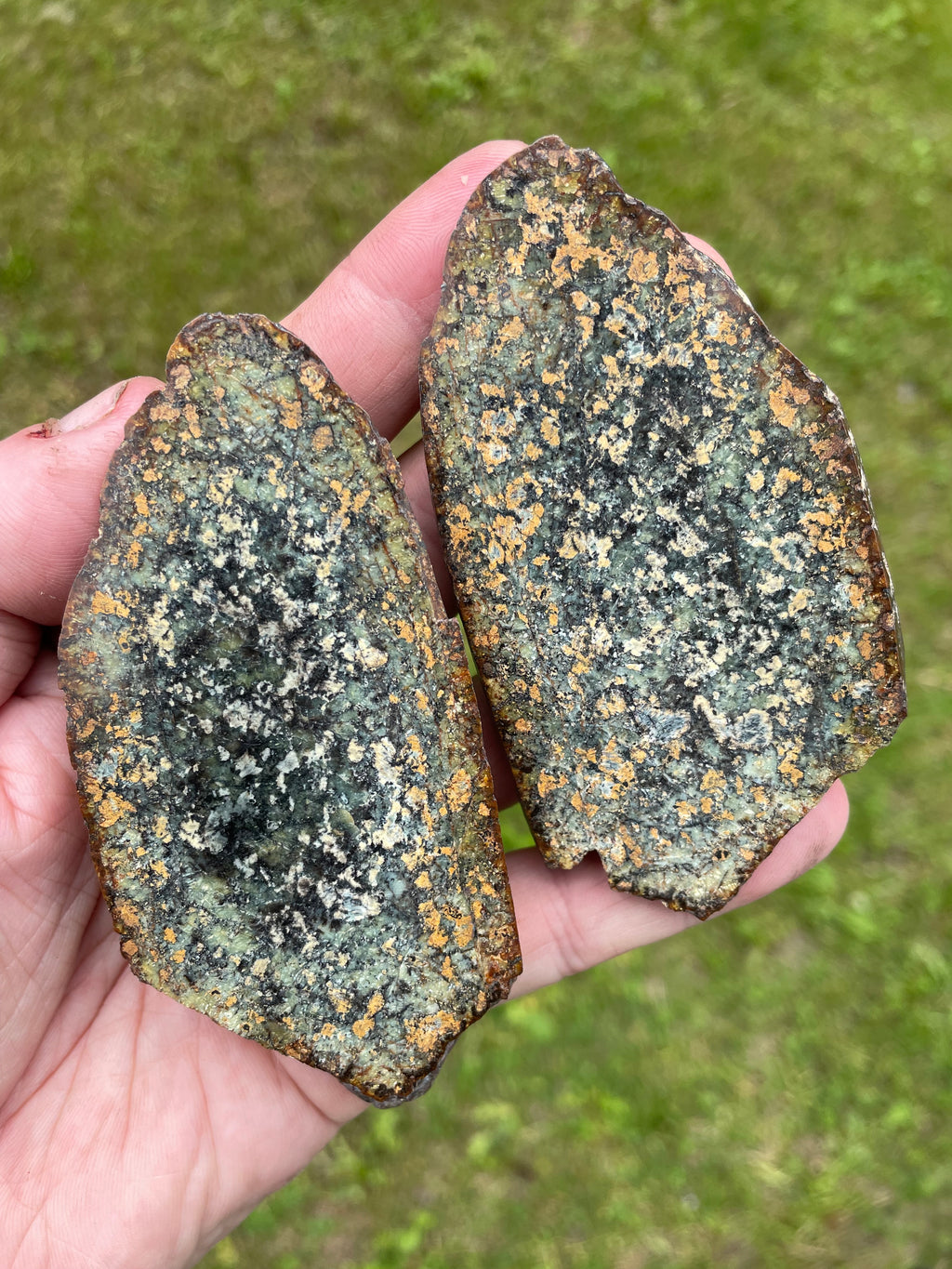 StoneBorn Creations Hand-Polished Vermont Serpentine Freeform Pair with Black Mineral Inclusions, Earth-Toned Matrix and Natural Split Display