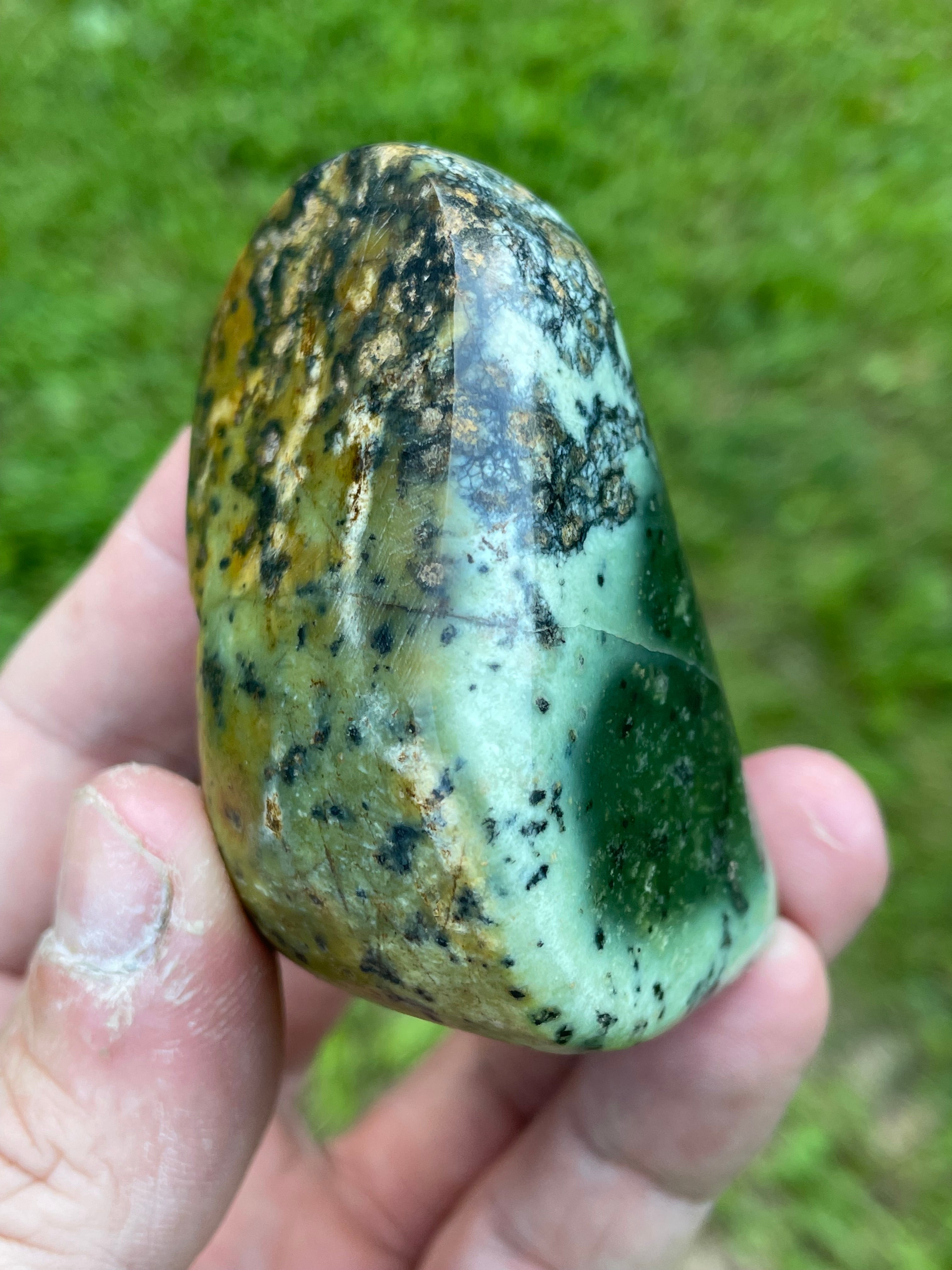 StoneBorn Creations Hand-Polished Green Serpentine Freeform with Deep Forest Green Pocket, Golden Matrix, and Natural Black Mineral Inclusions