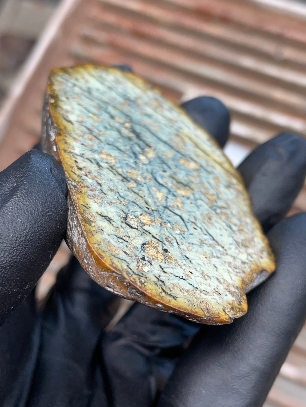 StoneBorn Creations | Polished Vermont Greenstone Slab — Soft Sage + Golden Freckling
