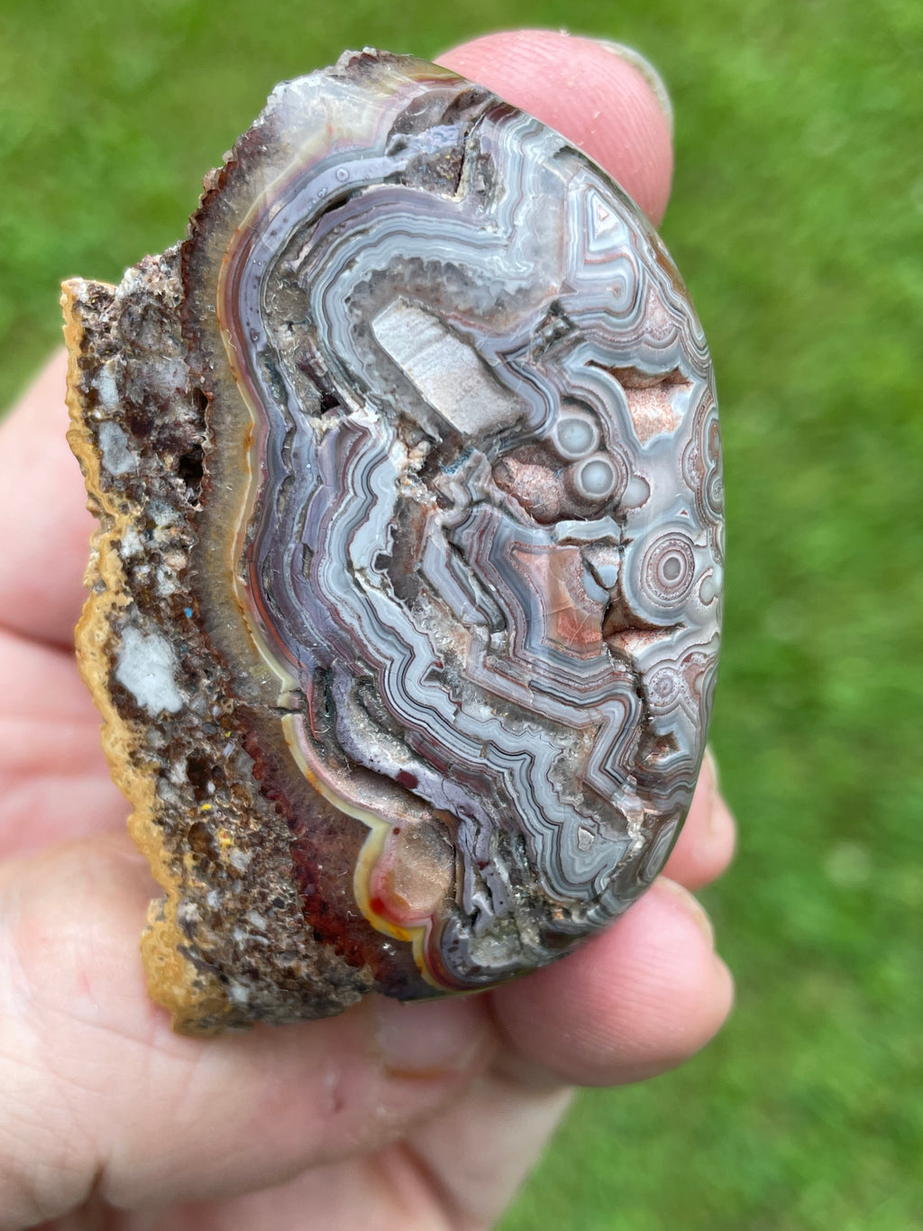 StoneBorn Creations Hand-Polished Custom Shaped Lace Agate Freeform with Natural Druzy Quartz, Orbicular Eyes & Fortification Banding