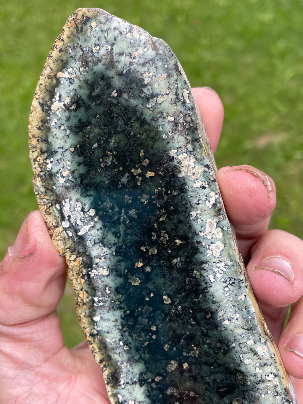 StoneBorn Creations – Deep Forest Green Serpentine Display Stone | Natural Polished Face with Black & Sage Green Mineral Patterns