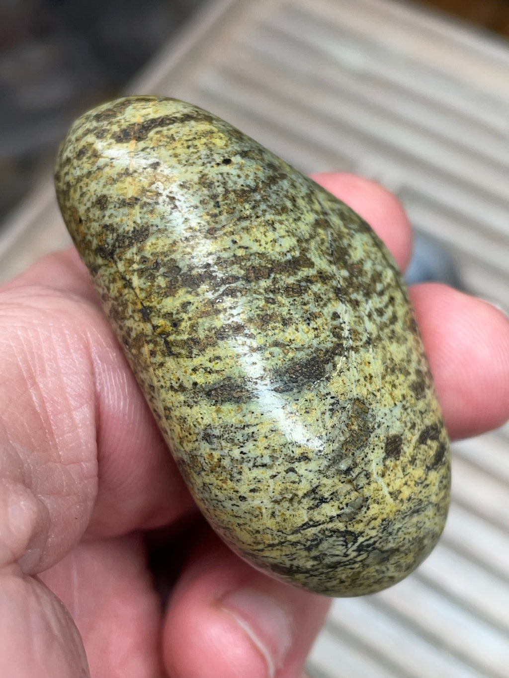StoneBorn Creations • Hand-Polished Vermont Greenstone (Serpentine) • Moss & Shadow Speckle • Palm Stone
