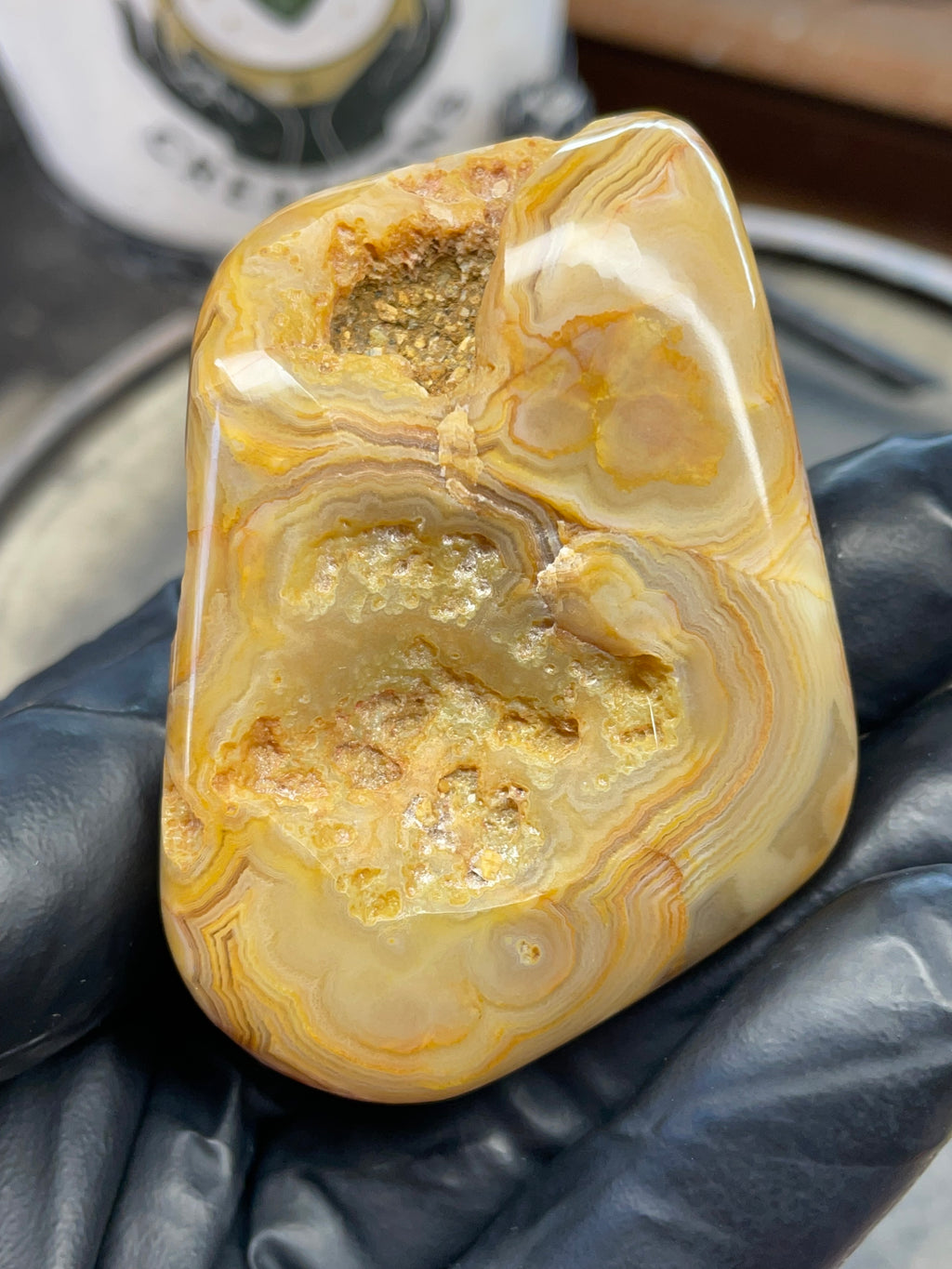 StoneBorn Creations – Crowley Ridge Agate w/ Golden Lace Banding & Natural Druzy Pockets (Hand-Polished)