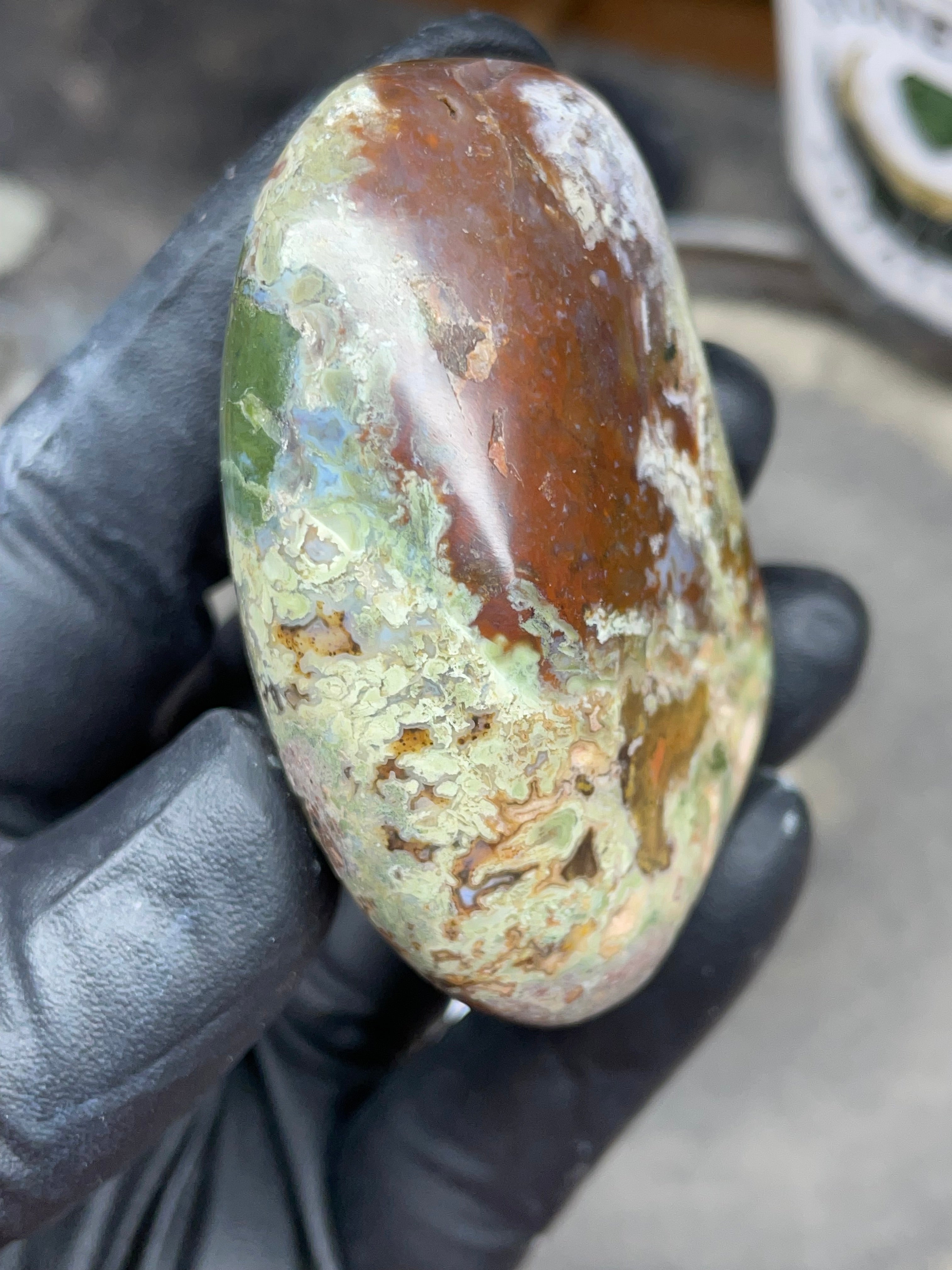StoneBorn Creations Hand-Polished Multicolor Lace Agate with Natural Green and Rust Patterns – One-of-a-Kind Display Stone