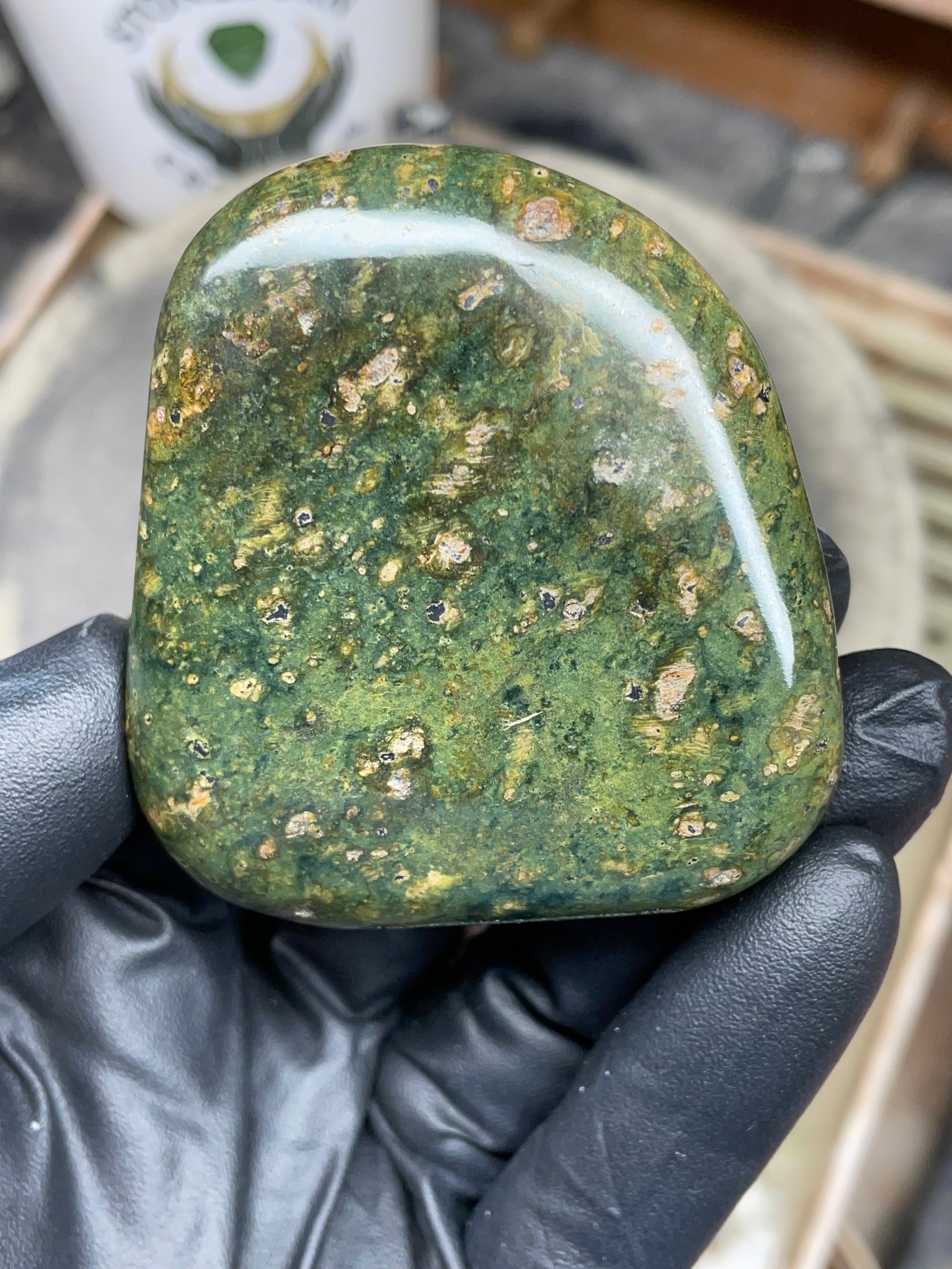 StoneBorn Creations – Hand-Polished Vermont Serpentine | Natural Green Stone with Golden Inclusions | One-of-a-Kind Display Piece