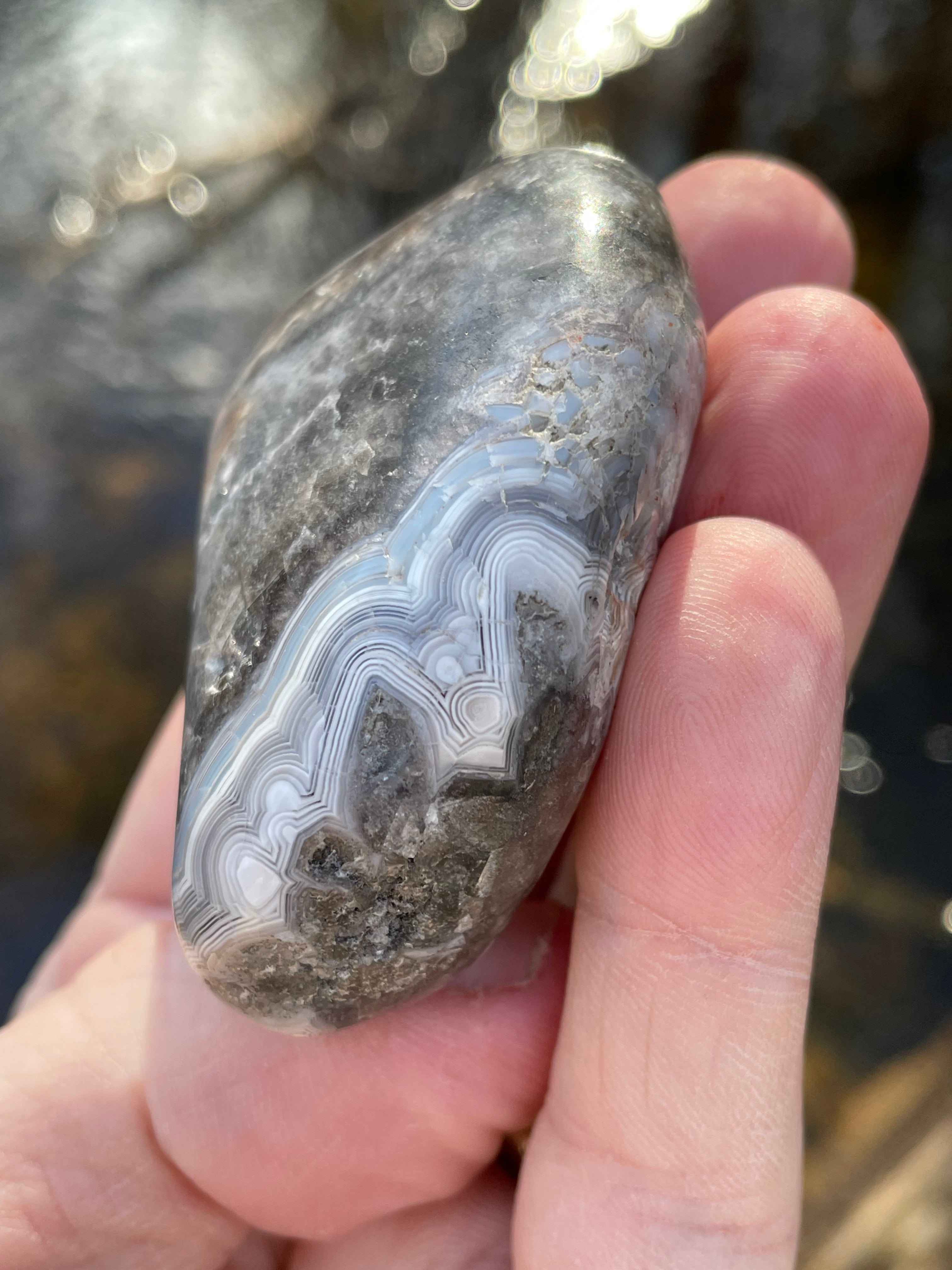 StoneBorn Creations Hand-Polished Banded Agate with Soft Grey Lace Layers Natural Quartz Matrix Freeform Finish