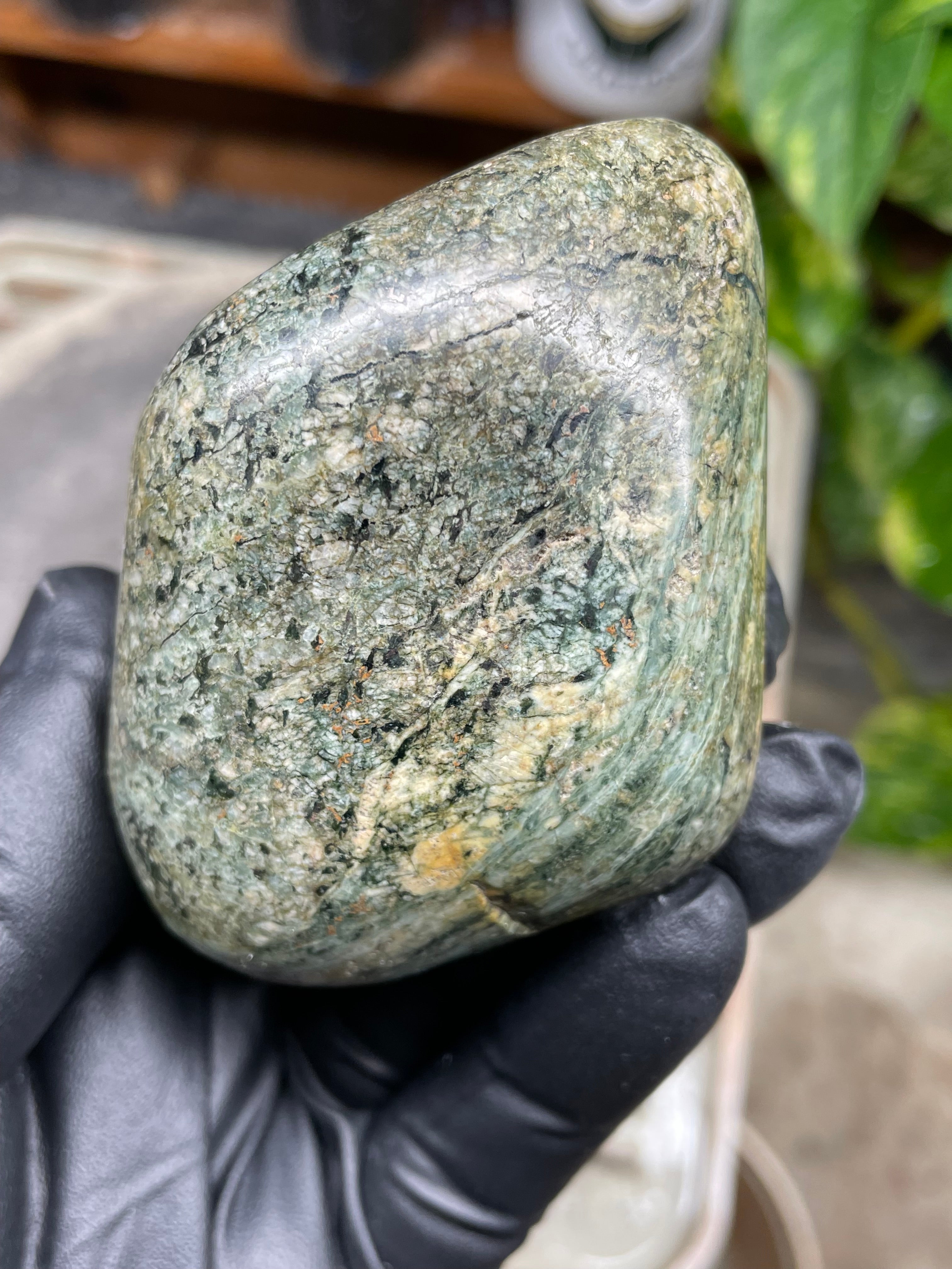StoneBorn Creations Hand-Polished Vermont River Stone Freeform | Natural Green Mineral Texture Display Stone