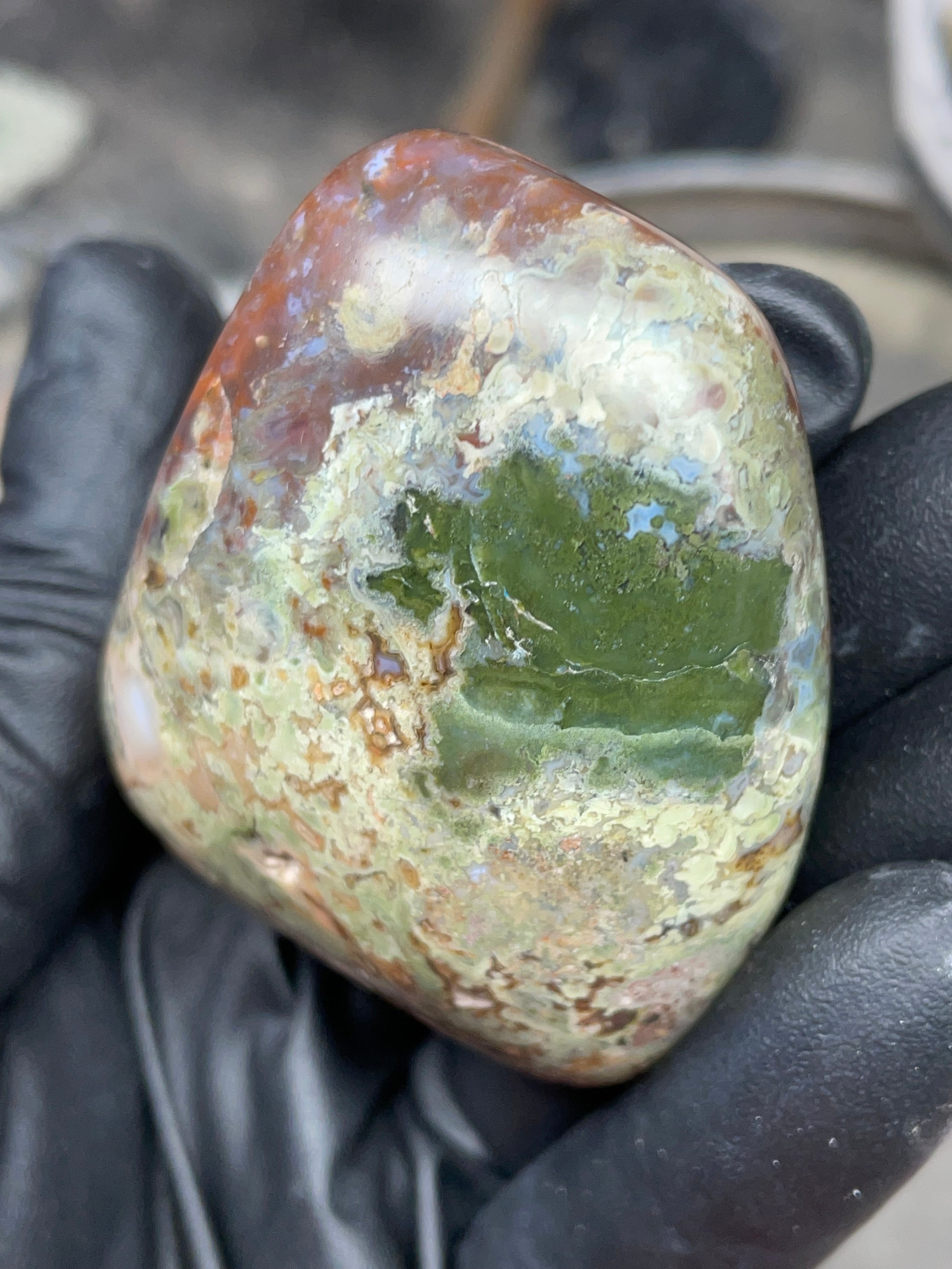 StoneBorn Creations Hand-Polished Multicolor Lace Agate with Natural Green and Rust Patterns – One-of-a-Kind Display Stone