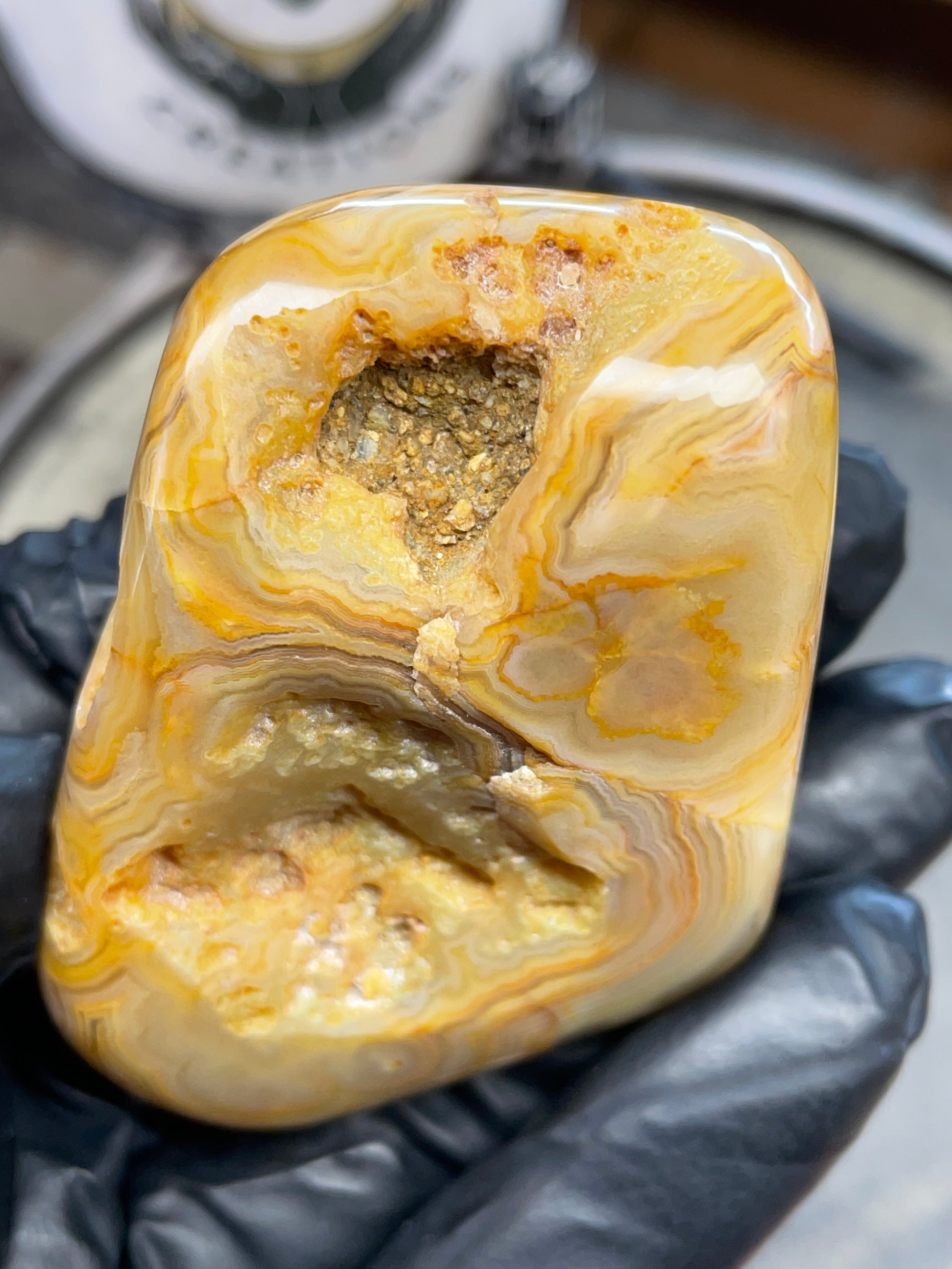 StoneBorn Creations – Crowley Ridge Agate w/ Golden Lace Banding & Natural Druzy Pockets (Hand-Polished)