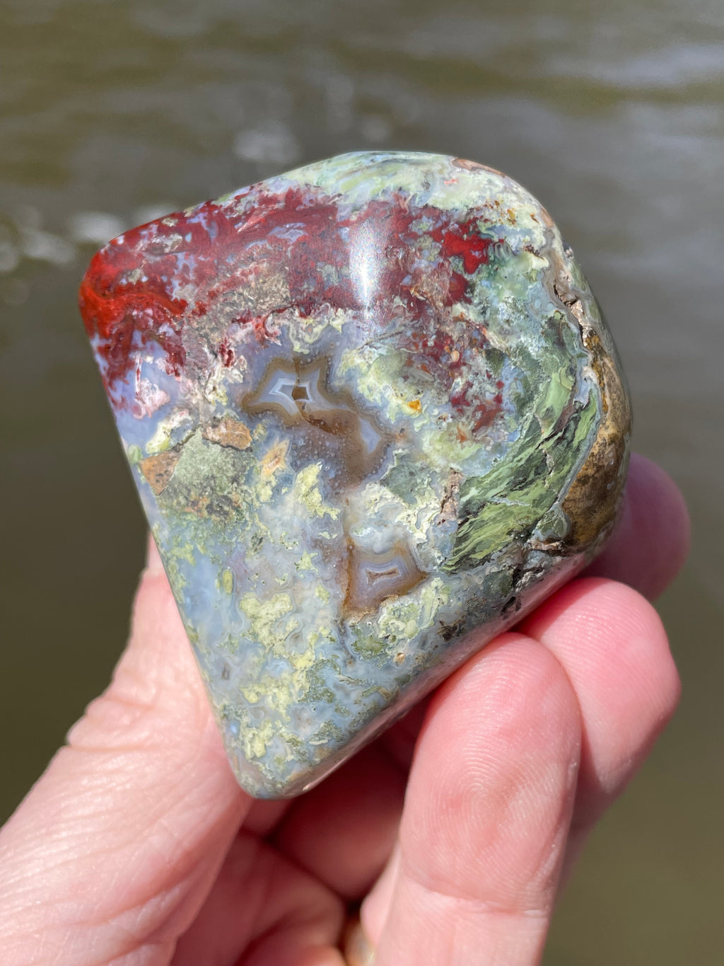 StoneBorn Creations Hand-Polished Lace Agate with Crimson Plumes, Moss Green Inclusions & Natural Freeform Finish