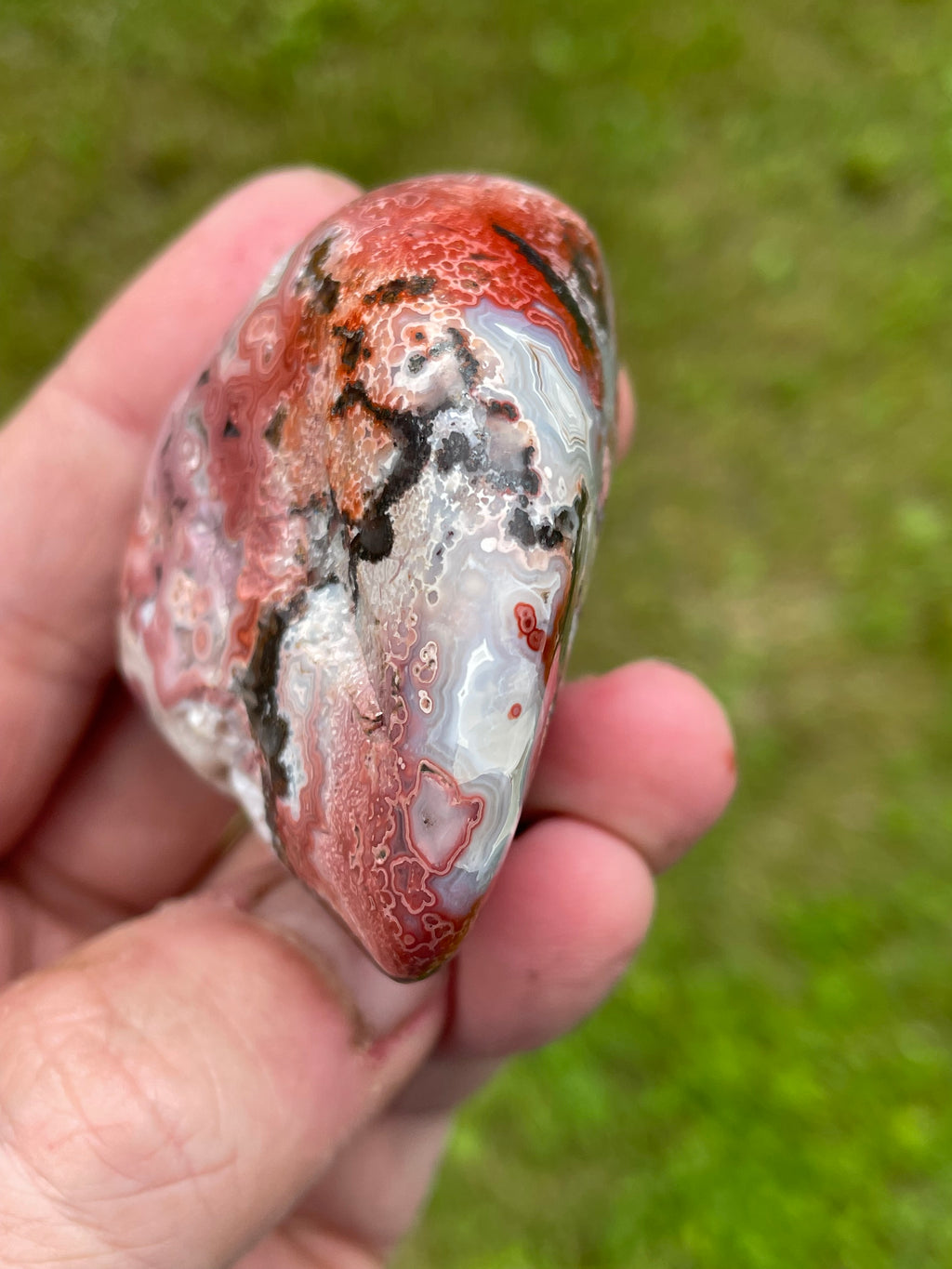 StoneBorn Creations Hand-Polished Lace Agate Freeform with Crimson Fortification Banding, Natural Druzy Cavities, and Intricate Orbicular Patterns